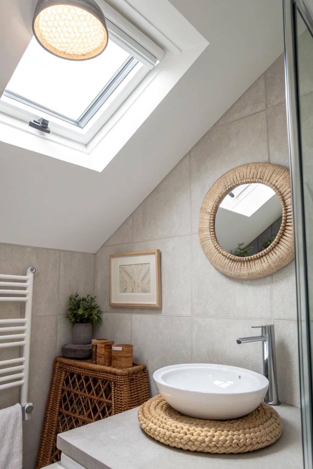 A sun tunnel turns a windowless en suite bright—clean daylight that makes it feel bigger.