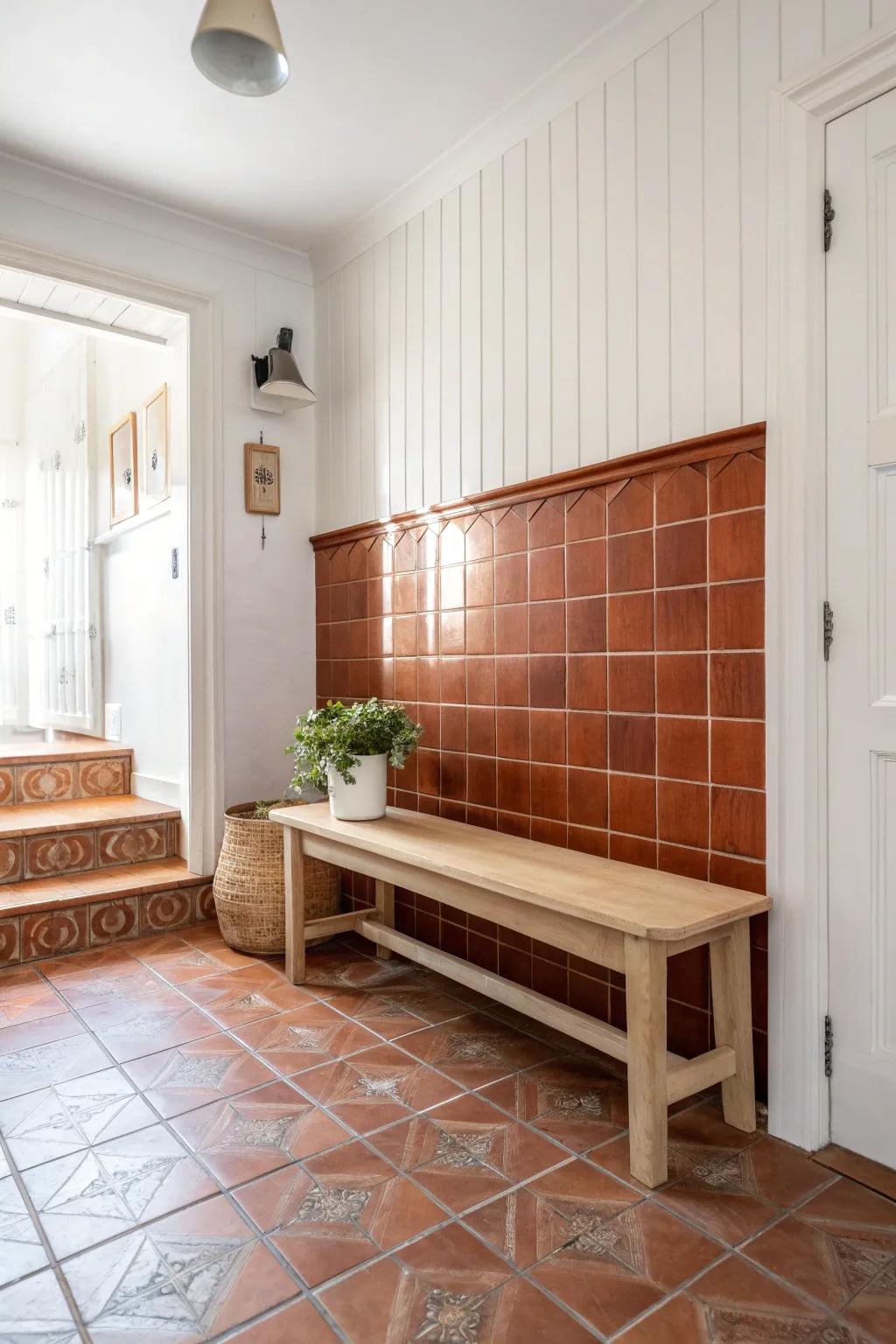 Match tile wainscoting to the floor for a scuff-proof entry that feels instantly polished.