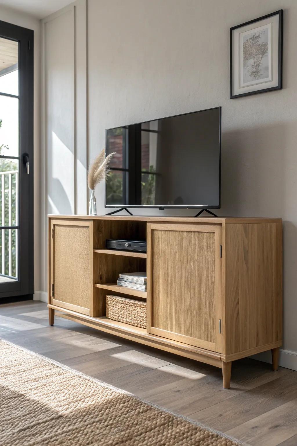 Hide the TV behind sleek cabinet doors—instant parlor vibes for a small formal living room.