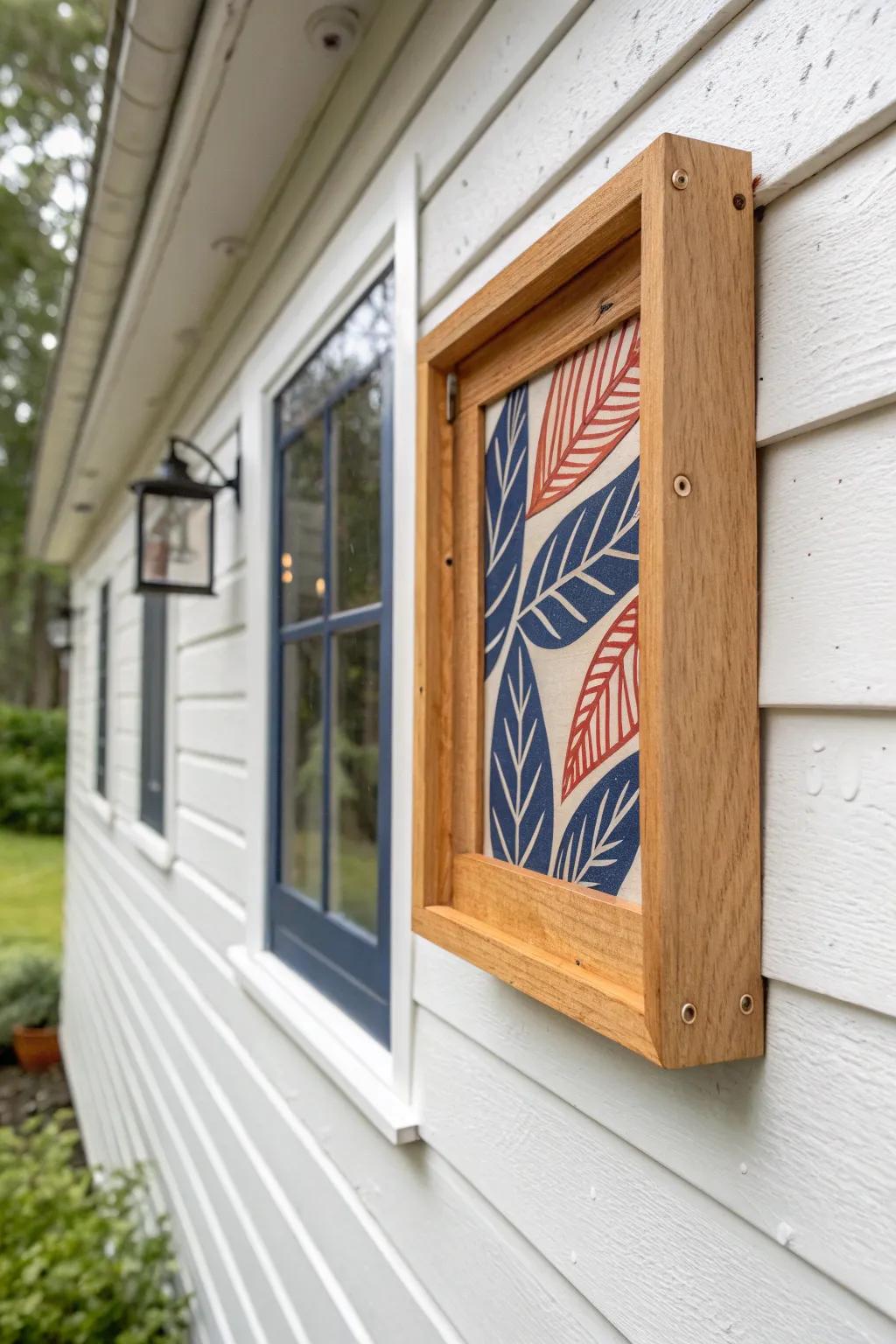 A weatherproof frame creates a mini gallery moment in a tiny entry—no floor space needed.