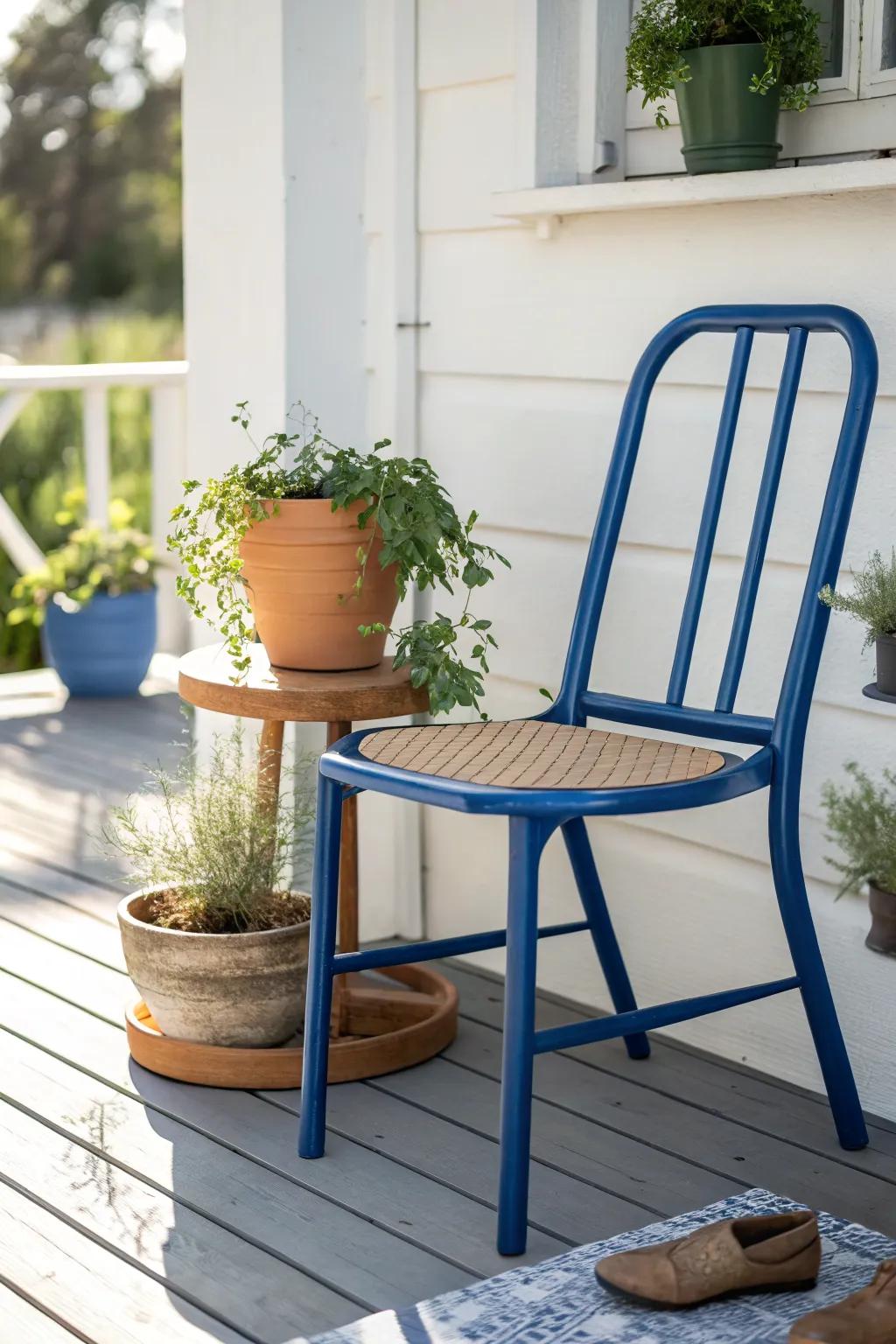 A spare porch chair becomes a chic plant stand—tray on top, greenery below, zero clutter.