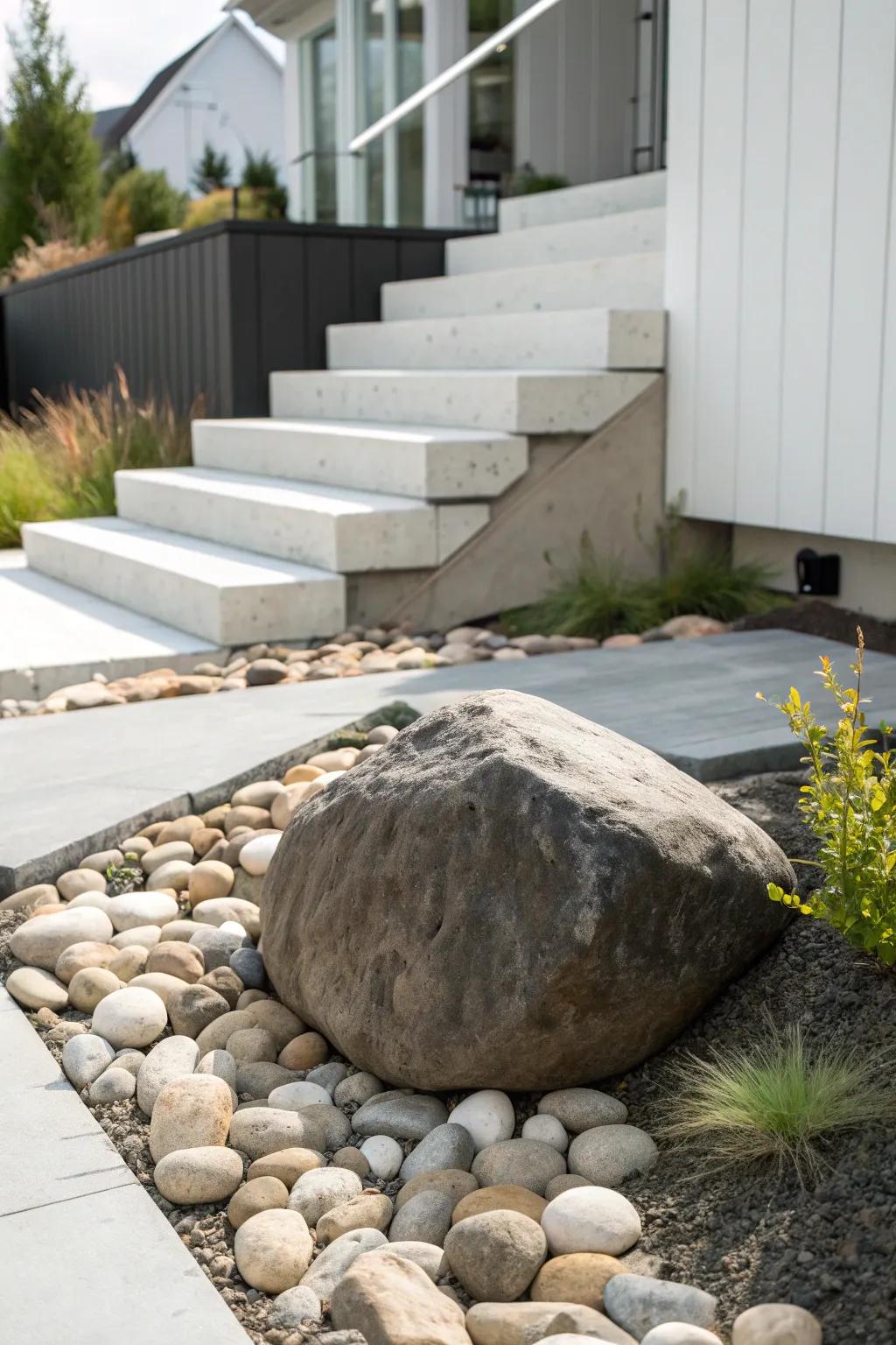 Tiny dry creek by the steps—one bold boulder + smooth stones for townhouse front yard style.