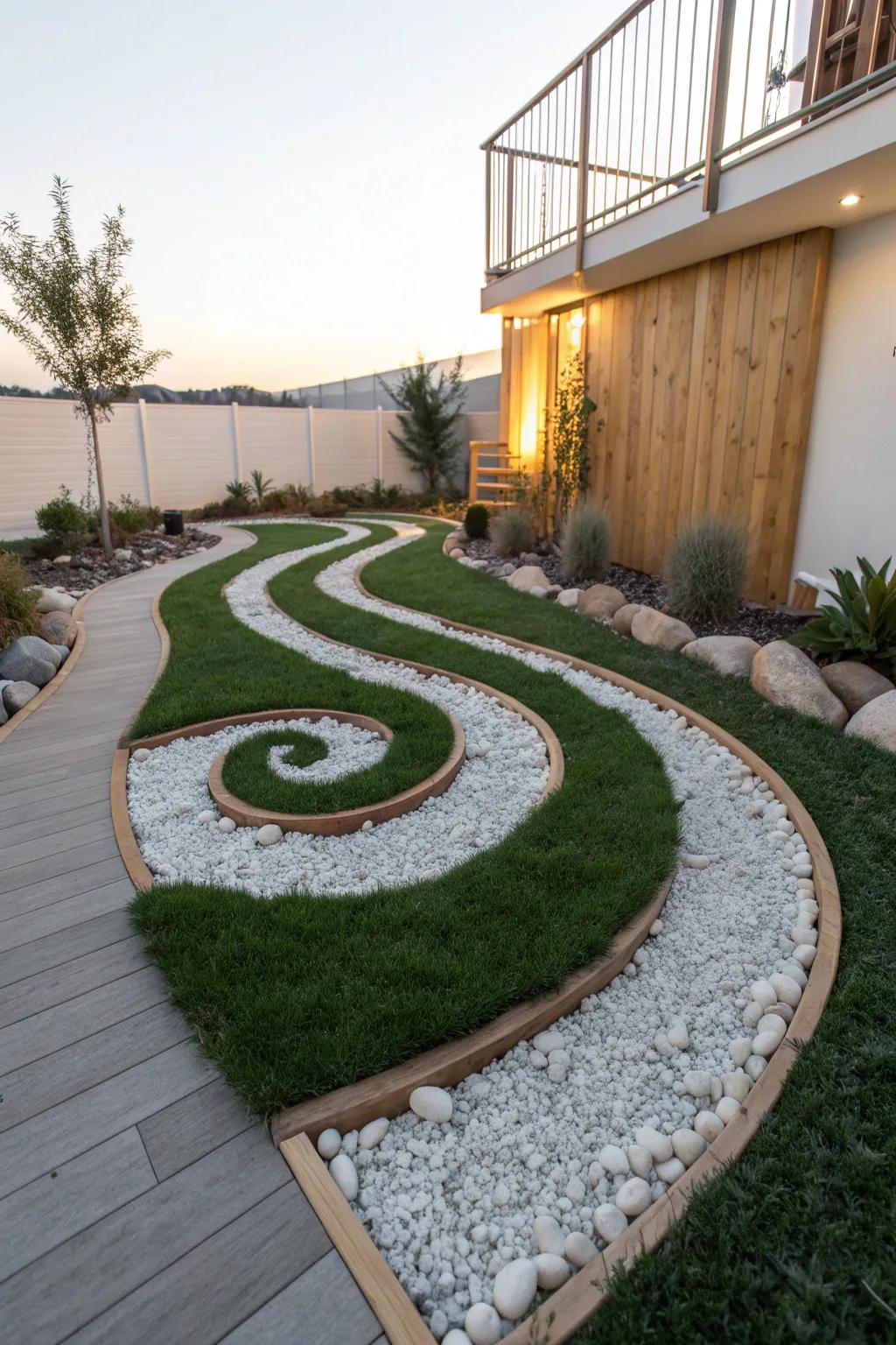 Spiral-cut artificial turf with bright gravel edging—tiny garden trick that feels like a journey.