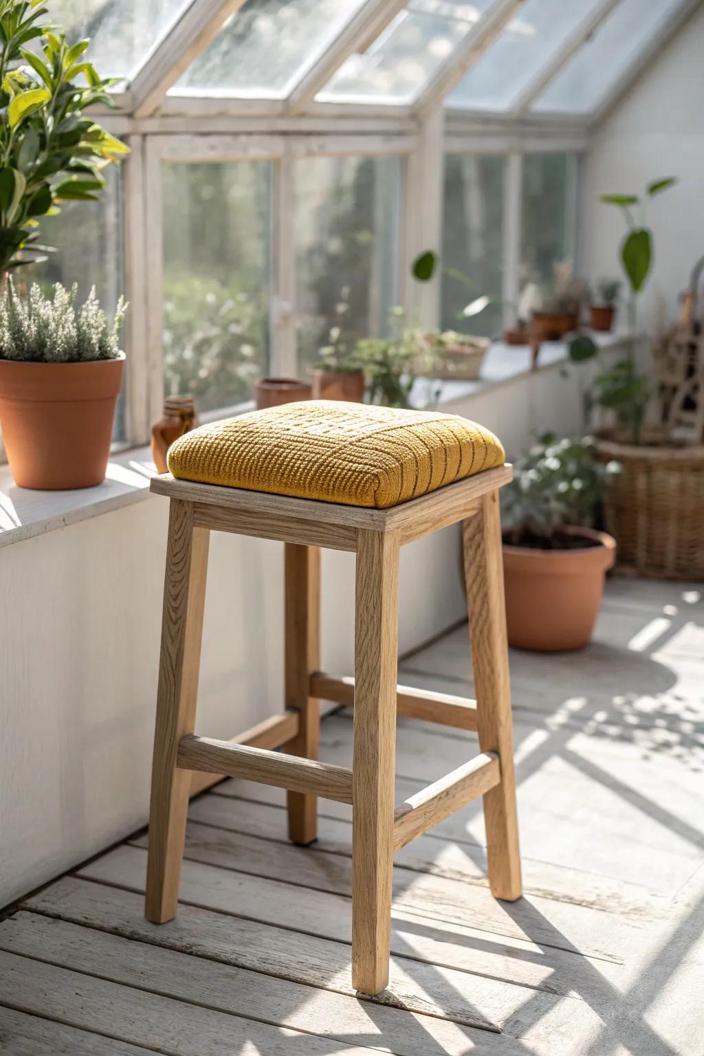 Slim woven stool + bold linen cushion: the tiny greenhouse lounge nook that feels like a retreat.
