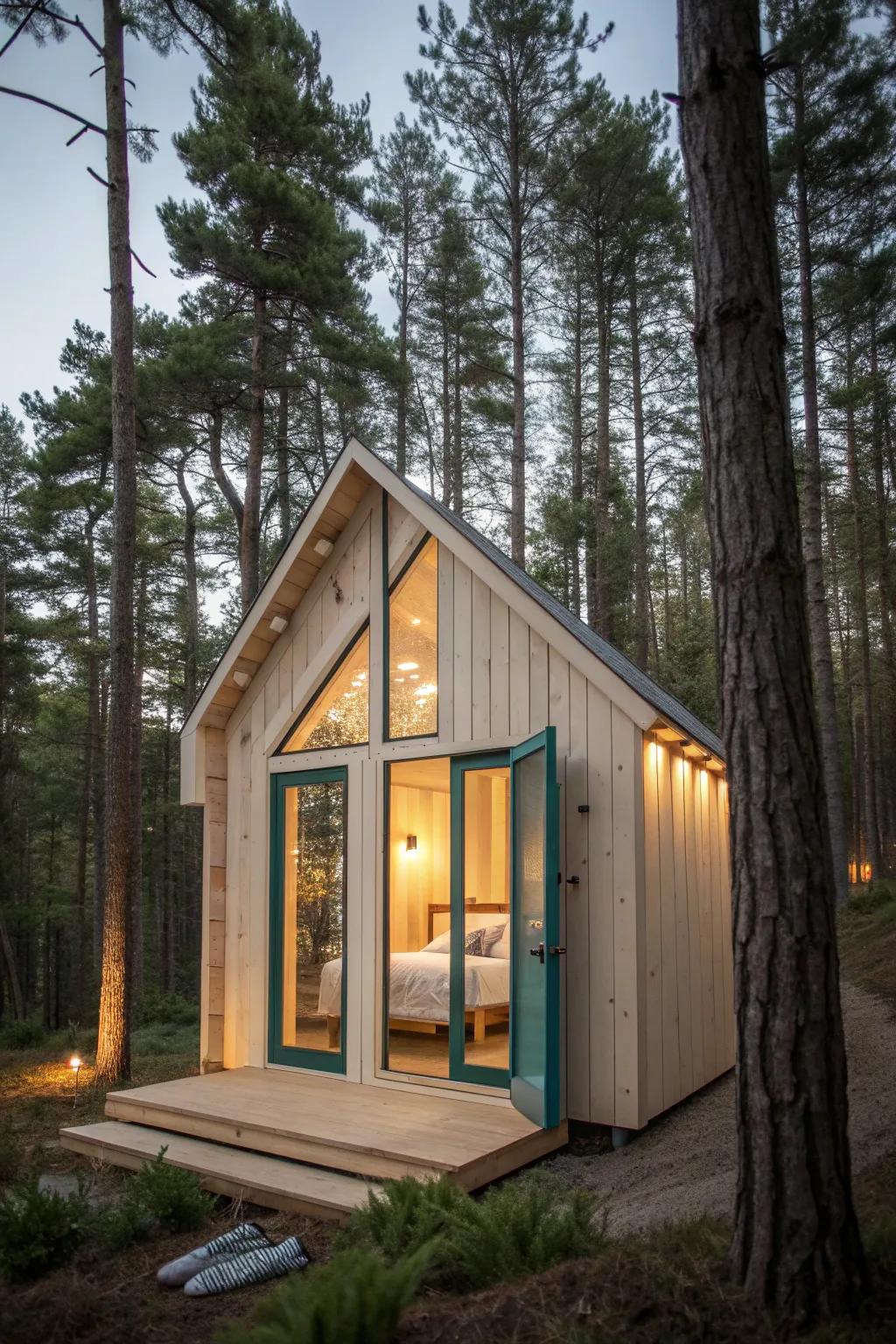 Treehouse-style guest house: minimalist wood cabin with a bold teal door and a view-facing bed.