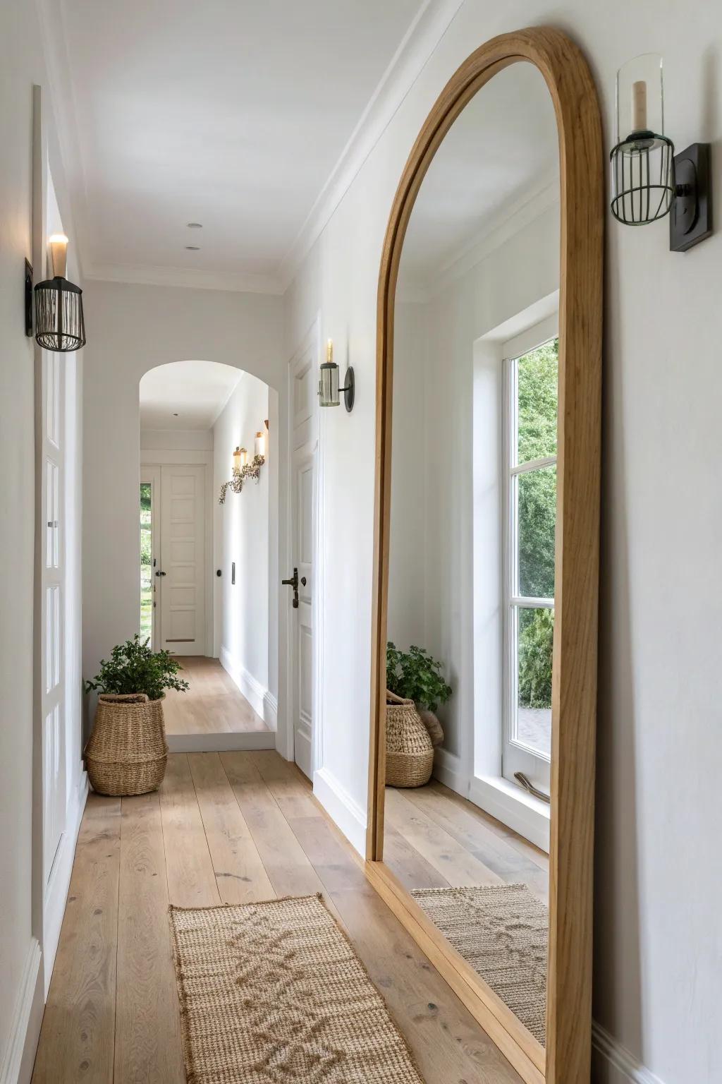 A tall arched mirror at the hallway’s end creates a bright “portal” that visually doubles space.