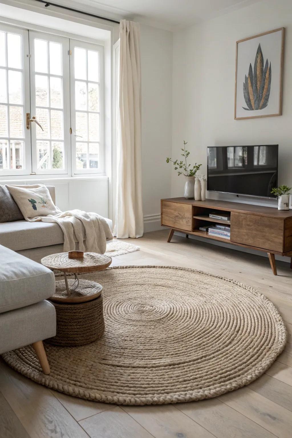 A woven rug hides a sleek floor hatch—secret storage that feels like an extra closet.