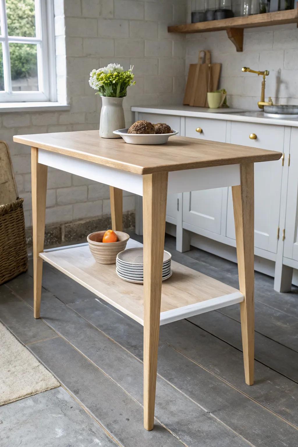 A two-level table adds prep space up top while keeping the lower surface serene for dining.