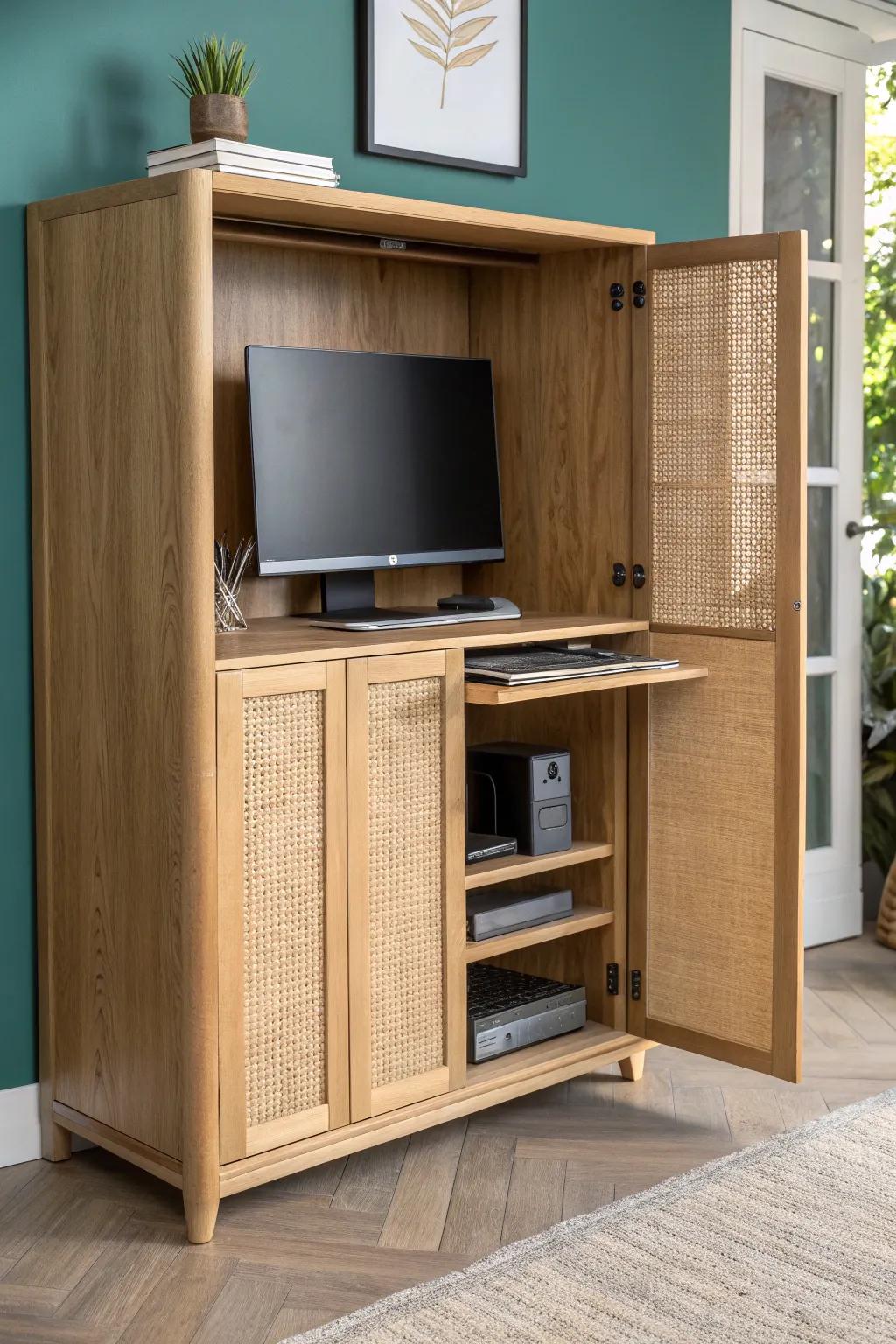 A chic cabinet that conceals your monitor—living room first, workspace in a second.