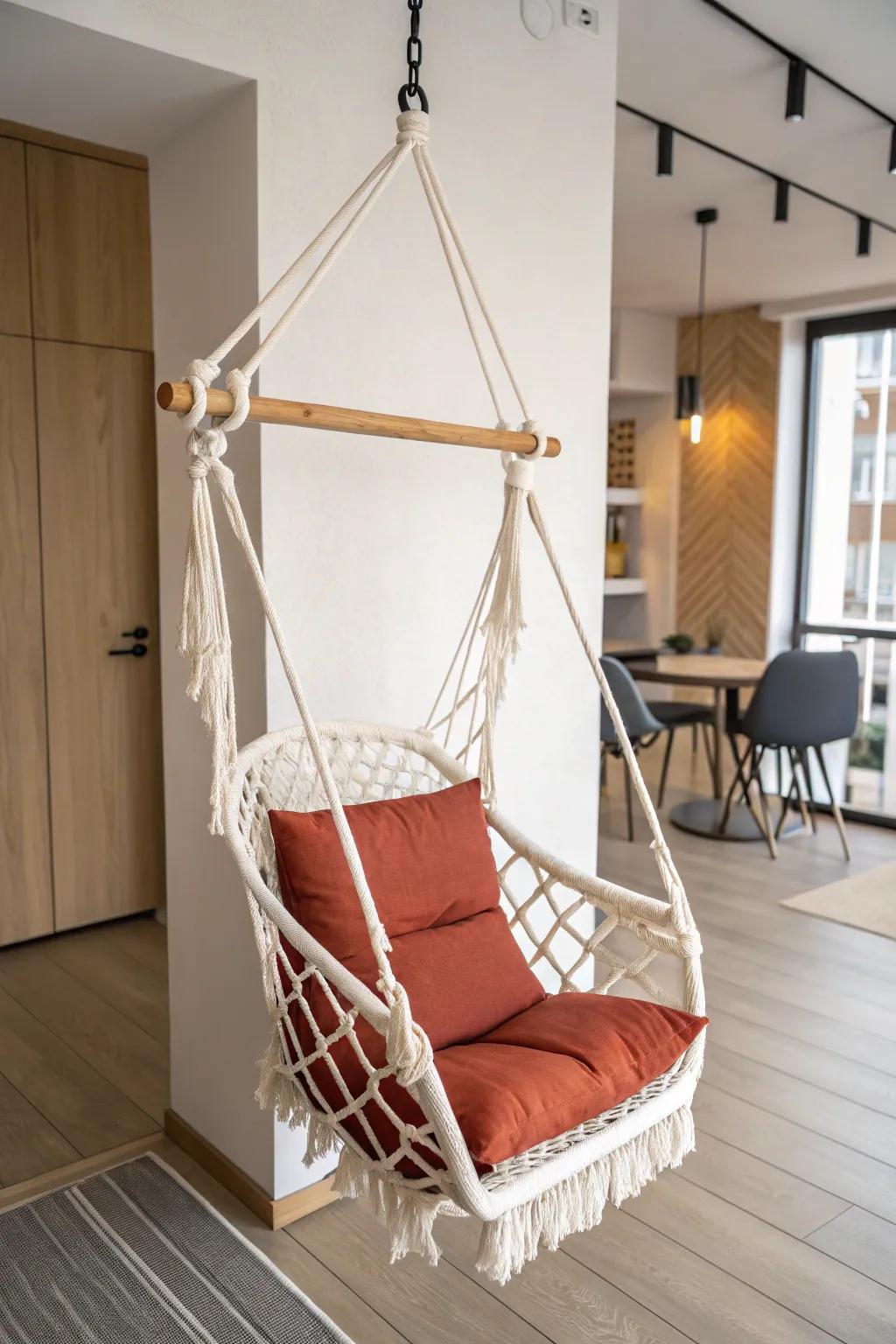 Hang a statement chair—open floor below makes even tiny lobbies feel airy and wow-worthy.
