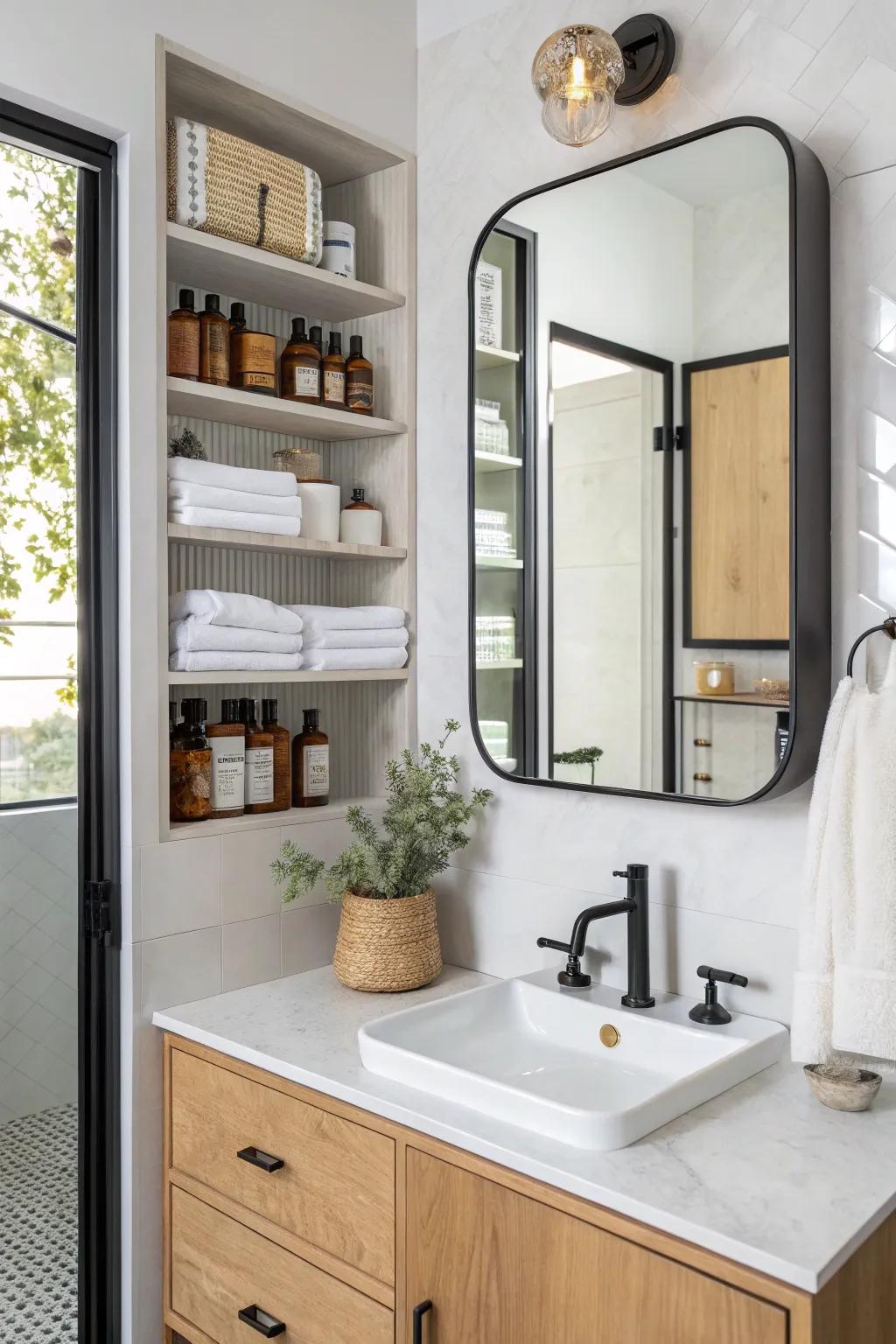Mirror-wall medicine cabinet: doubles reflection and hidden storage to clear tiny bathroom counters.