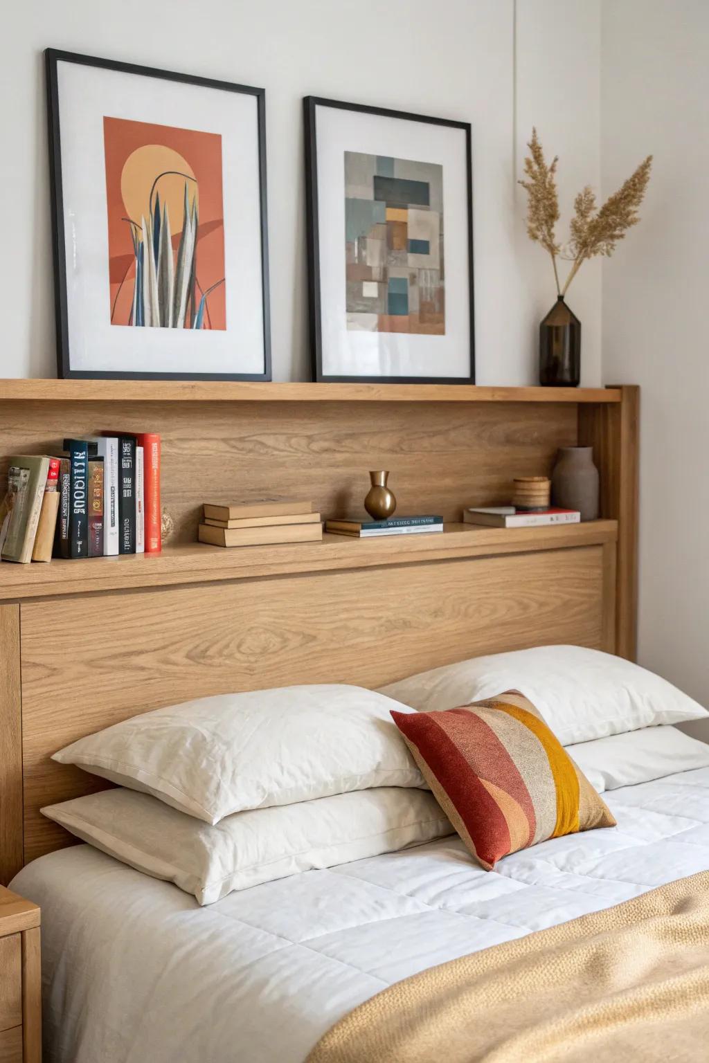 Slim picture ledges above the headboard create a rotating mini art-and-book library—no clutter.