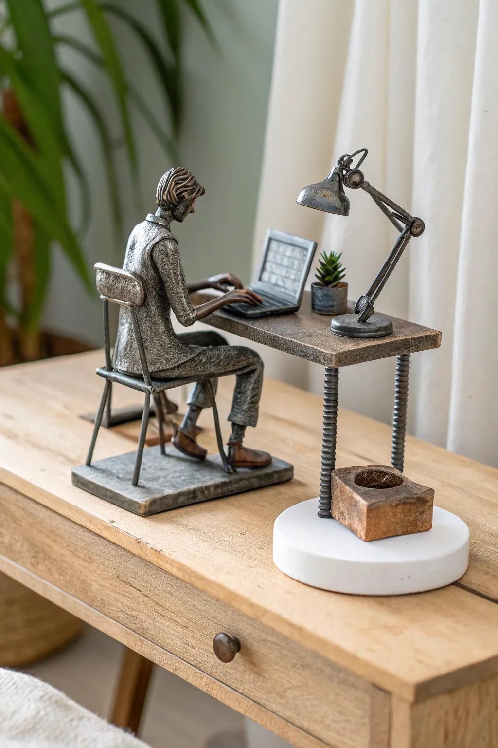 A tiny scrap-metal desk diorama that adds story, contrast, and charm to small spaces.