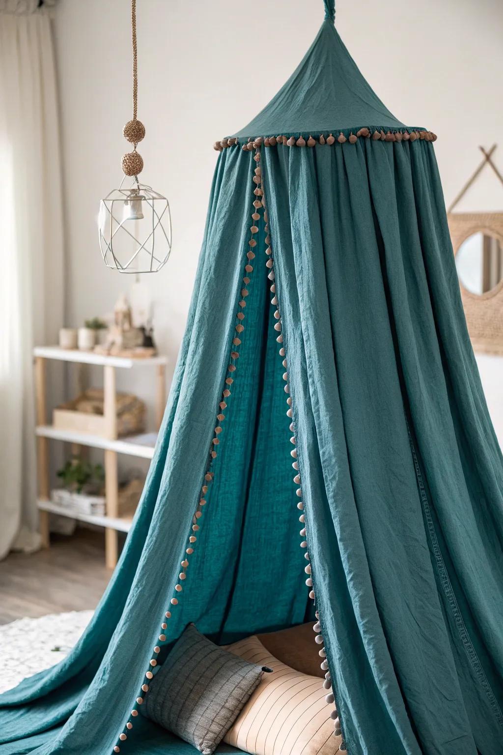 Drape a linen canopy to turn a tiny movie corner into a dreamy, sound-softening cocoon.