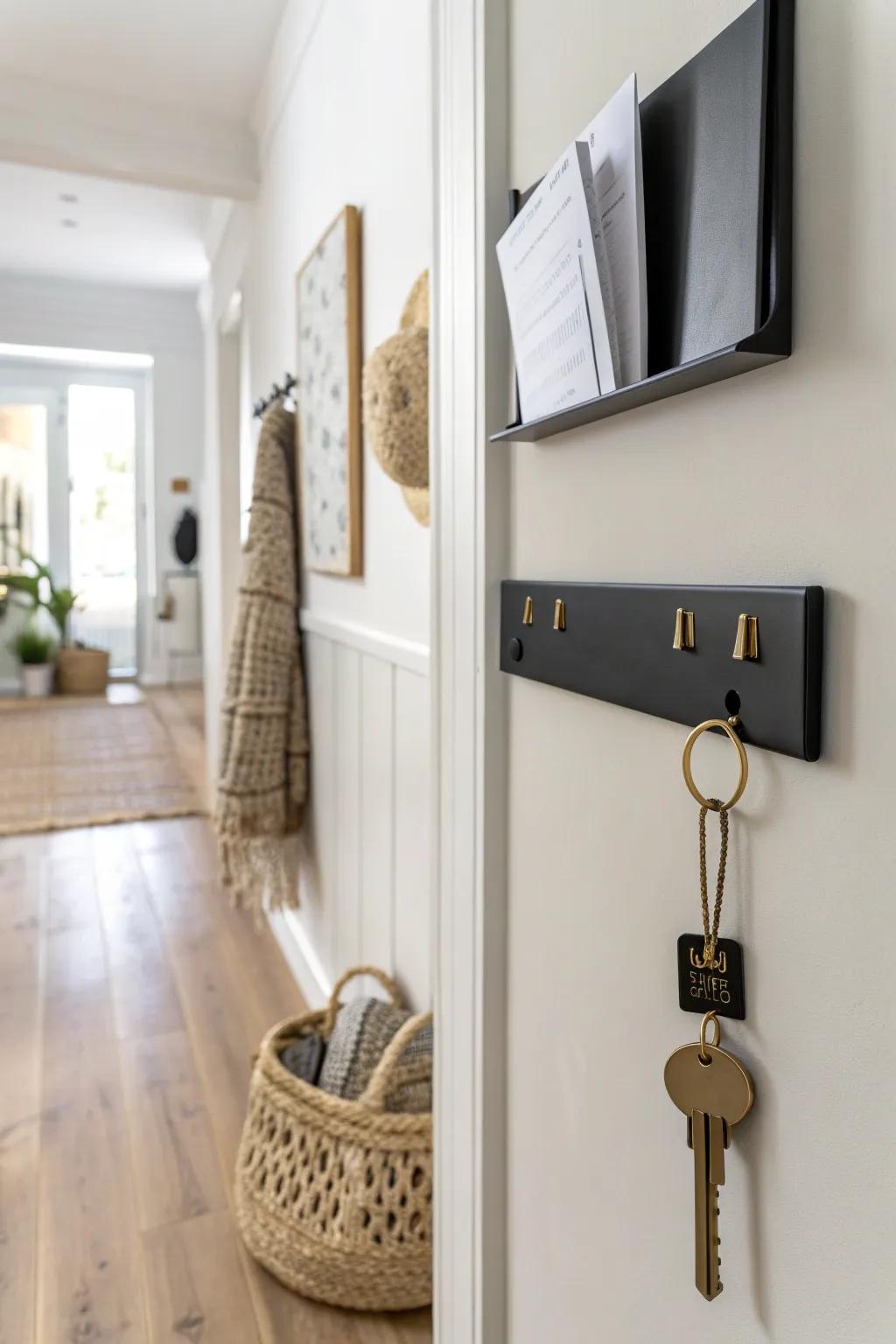 A sleek magnetic strip keeps hallway essentials visible, tidy, and clutter-free in tight spaces.
