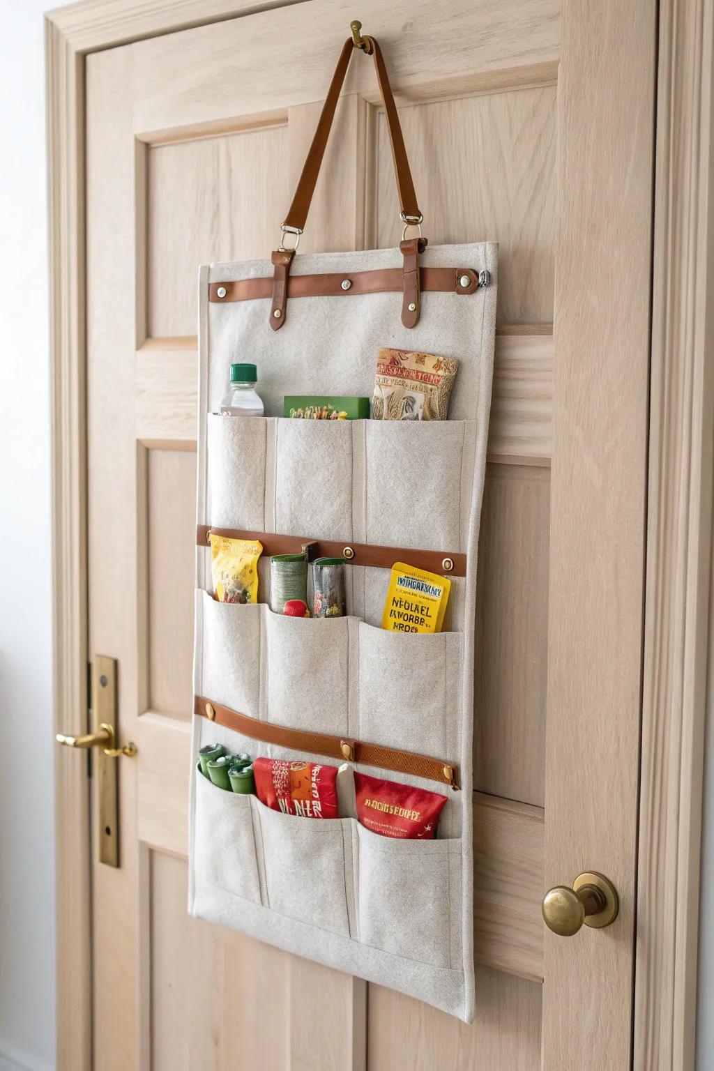 Free a whole shelf: hang a pocket organizer on the pantry door for packets & snacks.
