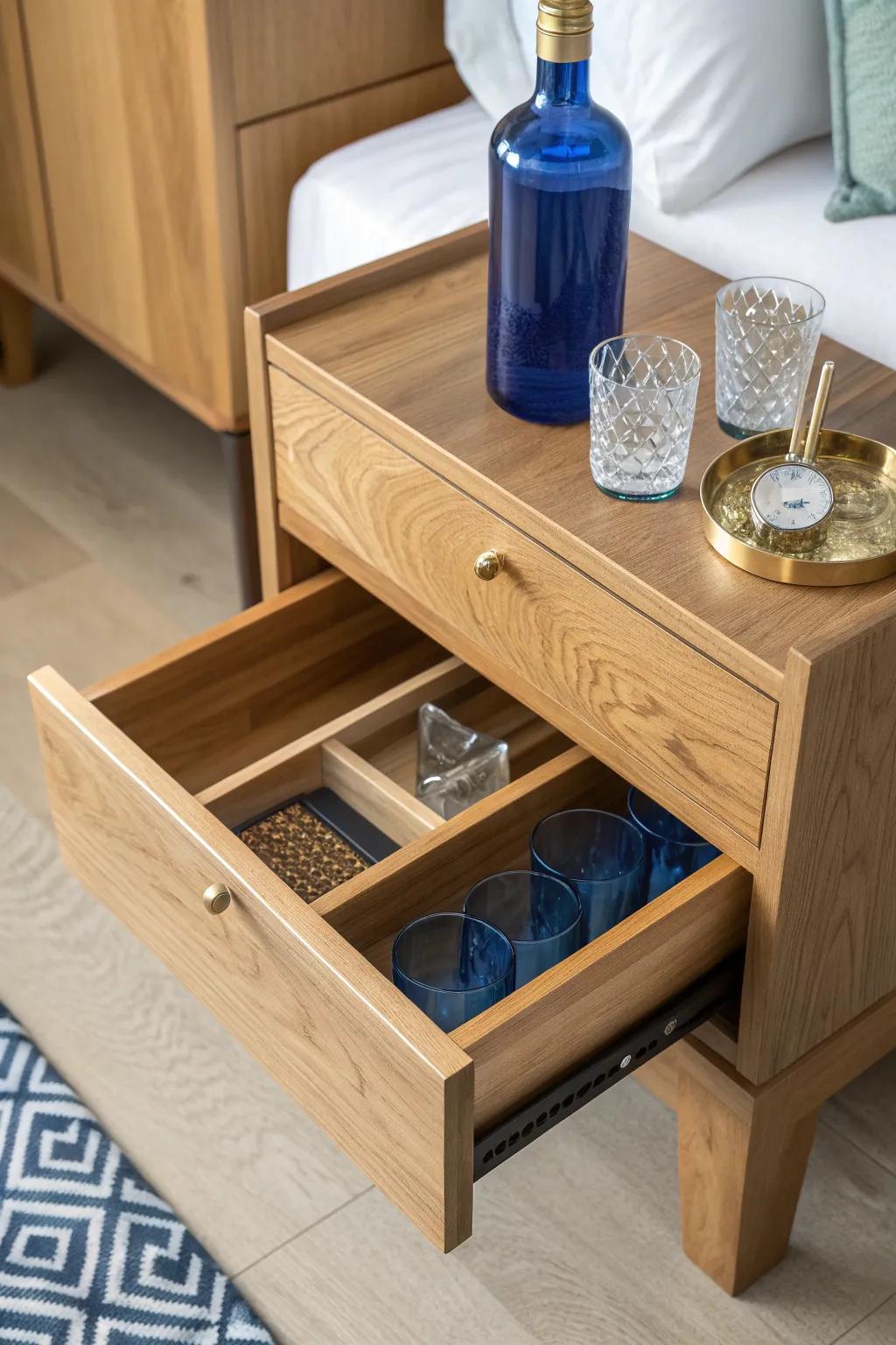 Hide a mini bar in a drawer for a clean, grown-up vibe—minimal look with a bold color pop.