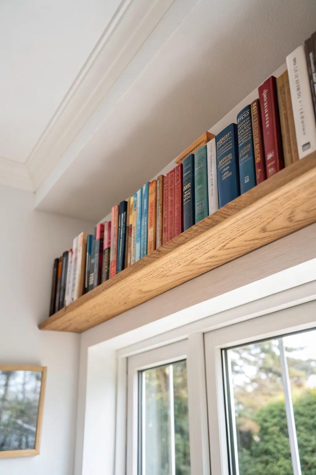 Ceiling-edge book ledge: a tiny-room library that lifts the eye and saves floor space.
