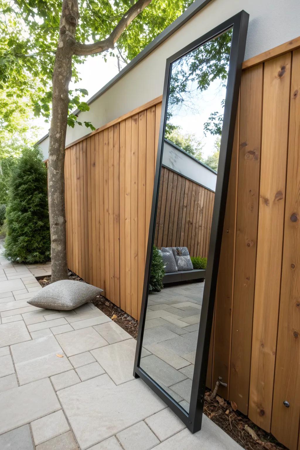 Fence-mounted mirror panel bounces light and makes a narrow side yard patio feel twice as wide.