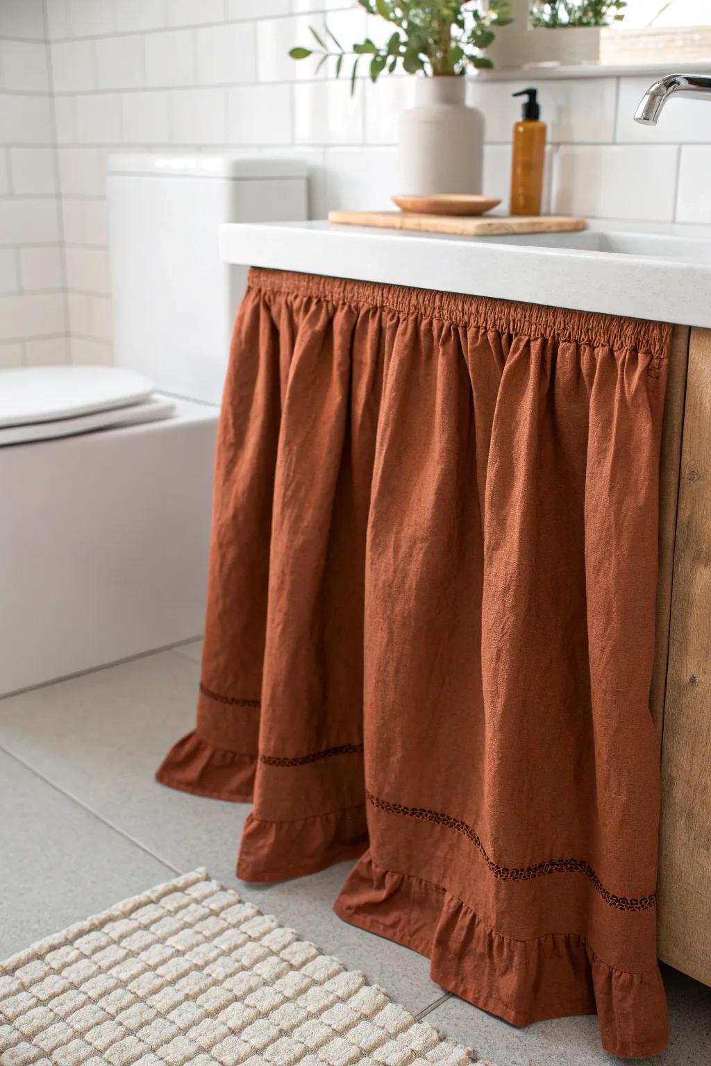 A simple linen vanity skirt hides bins and backups—soft, cozy storage for tiny bathrooms.