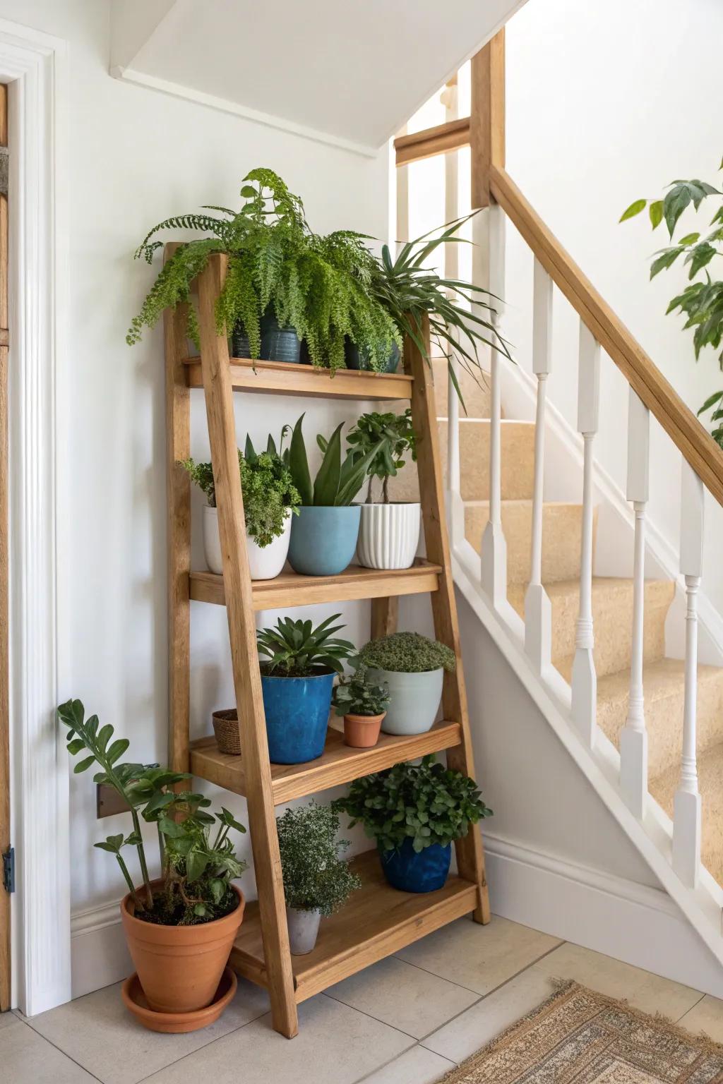 Turn your upstairs landing into a micro greenhouse with a slim shelf and curated pots.