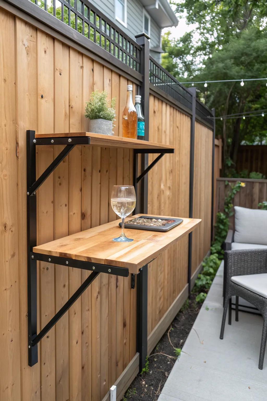 Fold-down fence bar: a tiny backyard entertaining station that saves precious floor space.