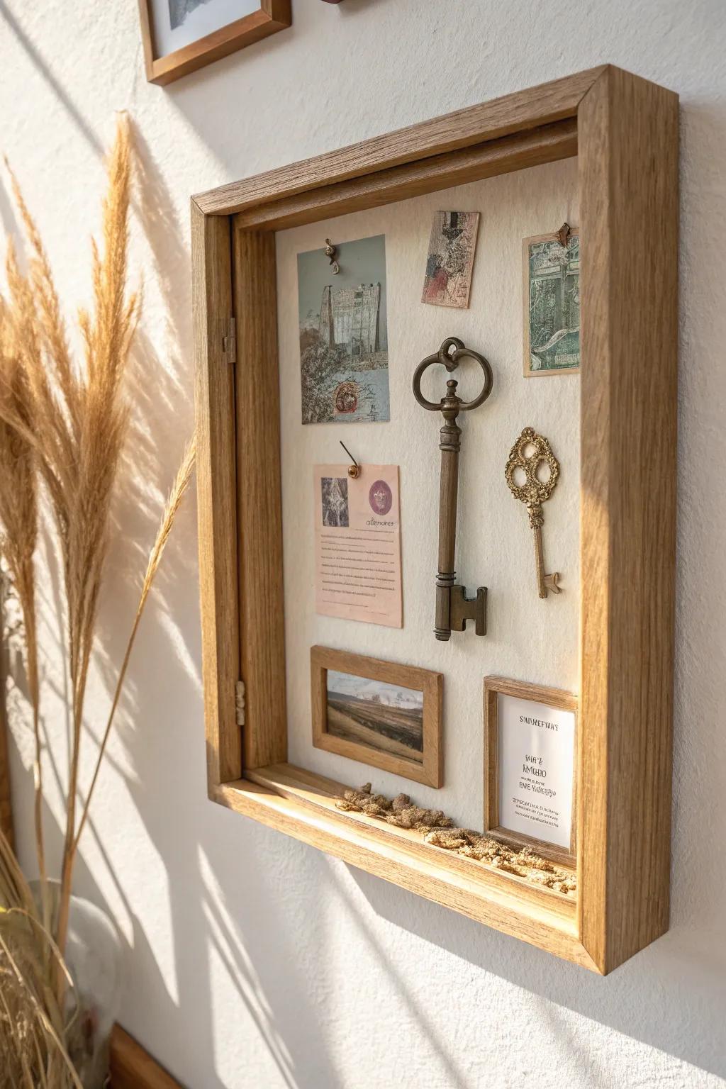 Turn tiny keepsakes into a mini “museum” with one elegant shadow box wall display.