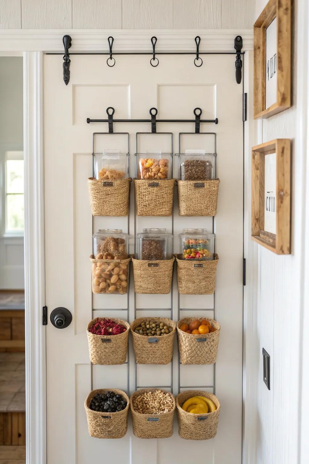 Turn your pantry door into a chic snack wall—hooks + hanging bins for instant extra storage.