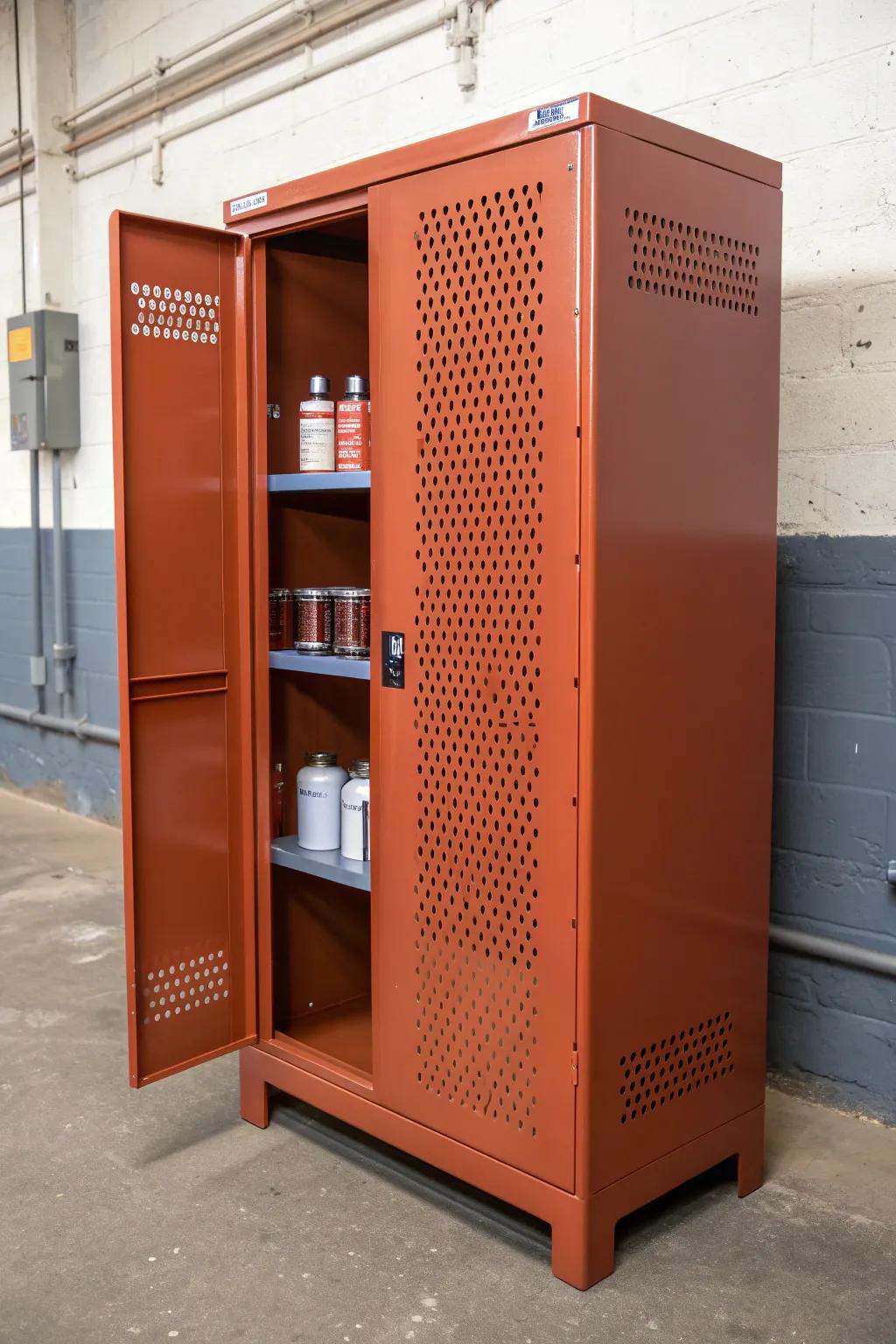Safer spray paint storage: a ventilated metal cabinet that looks minimal and keeps cans breathable.