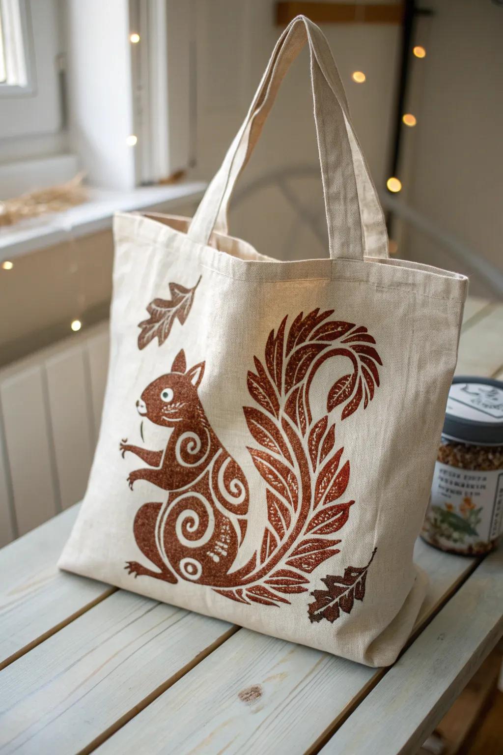 Add a touch of whimsy to your everyday essentials with a handcrafted squirrel stencil design.
