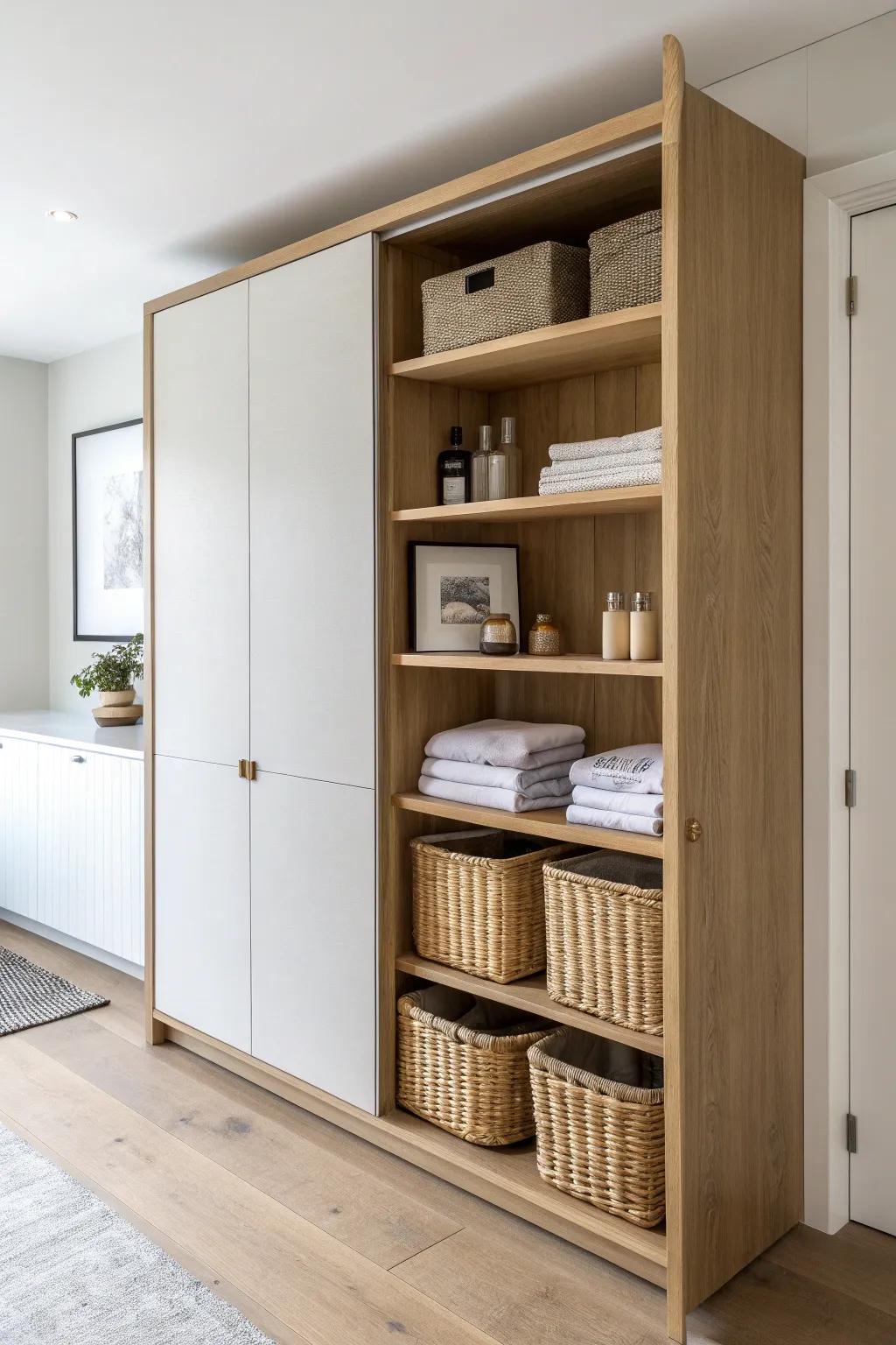 Swing-out shelf wall hides a whole extra aisle—perfect for turning tiny storage rooms into magic.