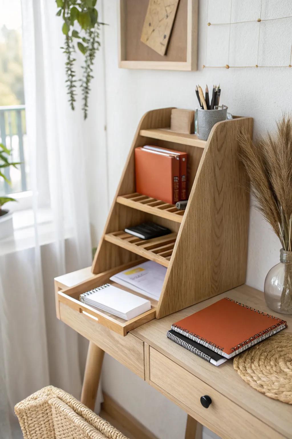 Add bonus storage: a slim side-mounted organizer keeps notebooks off your tiny desk.
