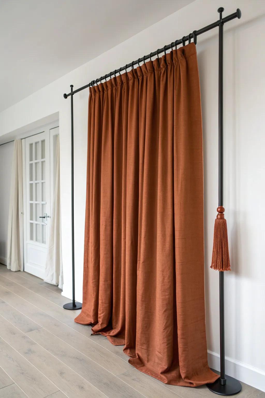 No-drill room divider: tension poles + bold linen curtain for instant privacy in small spaces.