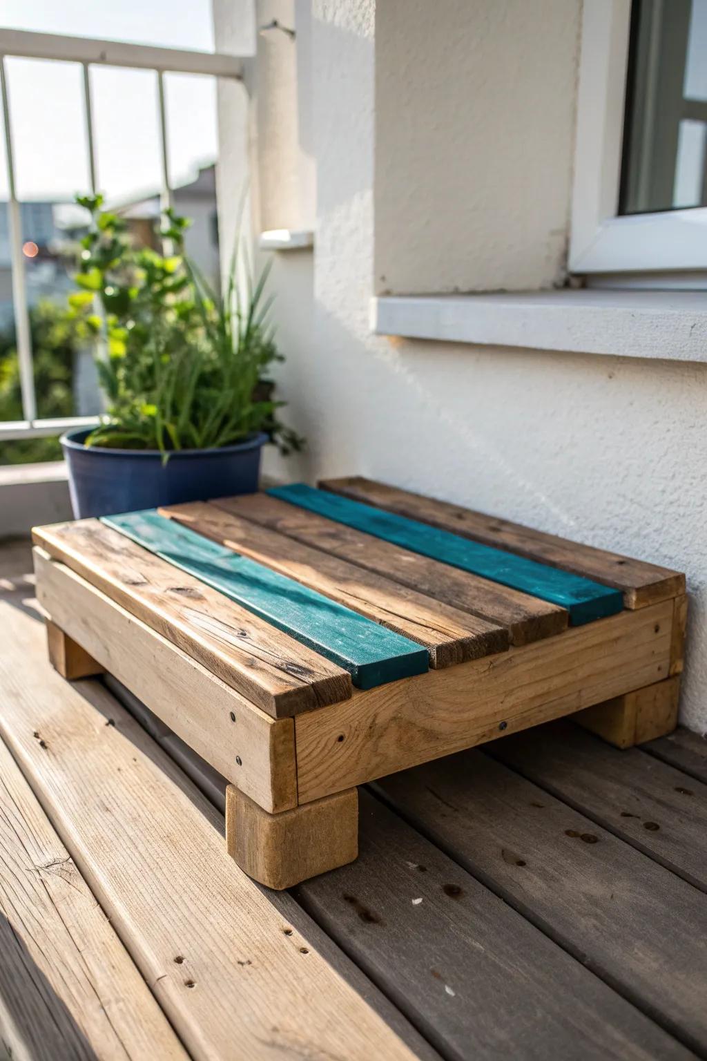 Scrap-wood mini platform: a budget outdoor “room” that makes a tiny home feel bigger.
