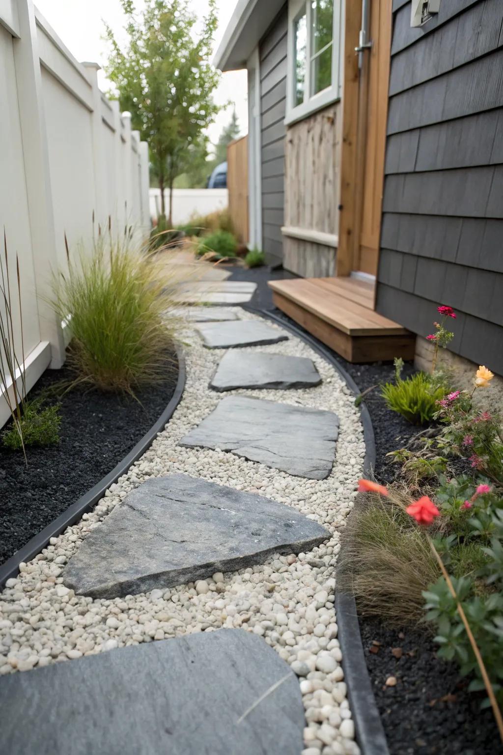 A gentle curving path pulls the eye ahead, making a narrow tiny-home yard feel wider.