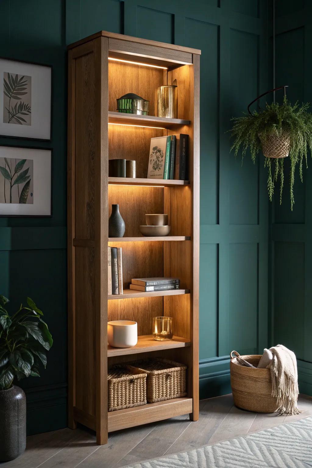 Backlit bookcase “hidden door” vibe—tiny man cave drama with minimalist, cozy style.