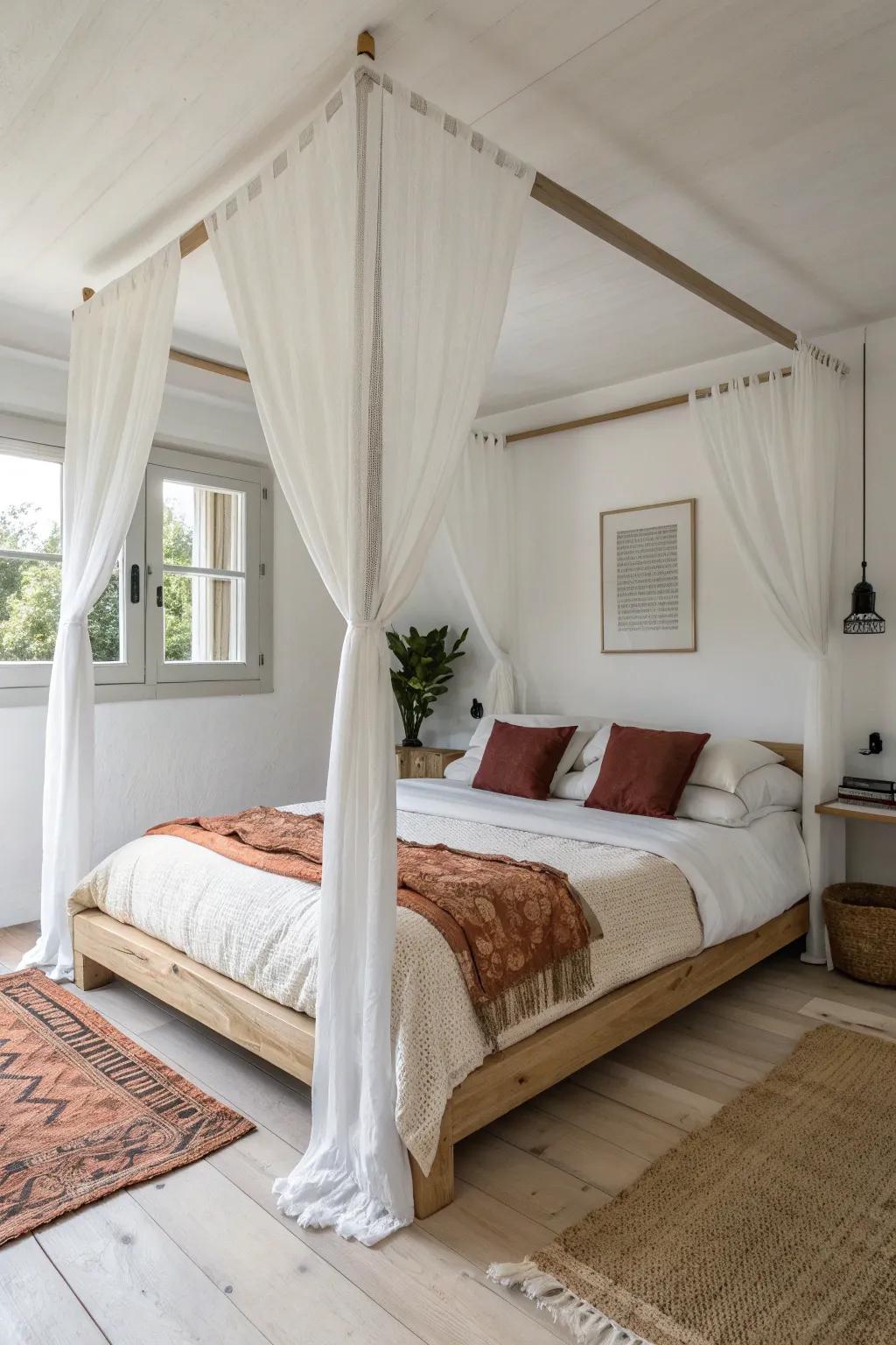 Ceiling-draped linen turns a tiny bed into a dreamy canopy retreat—no posts needed.