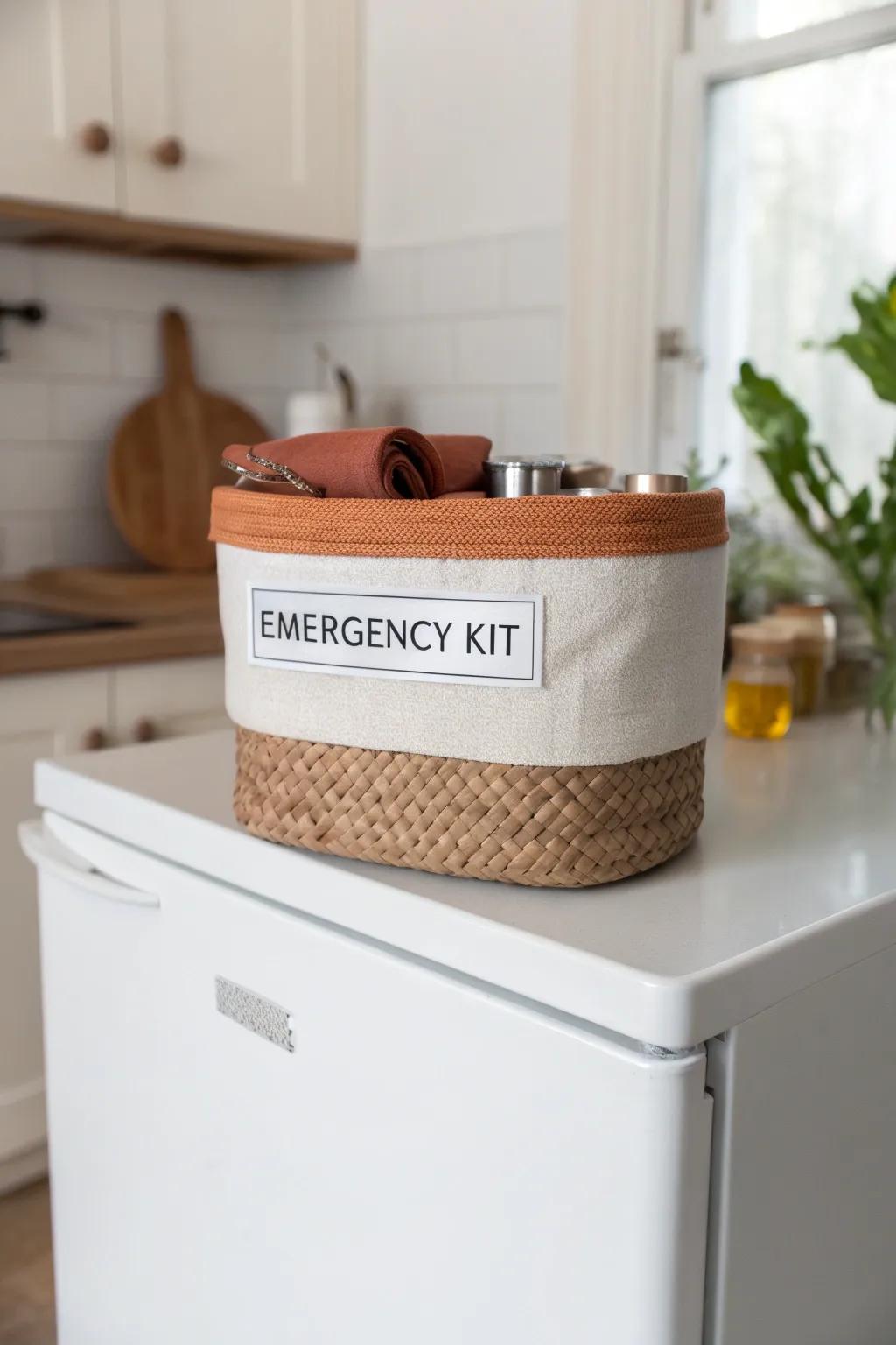 A chic labeled emergency kit bin on top of the fridge—safe, tidy, and easy to grab fast.