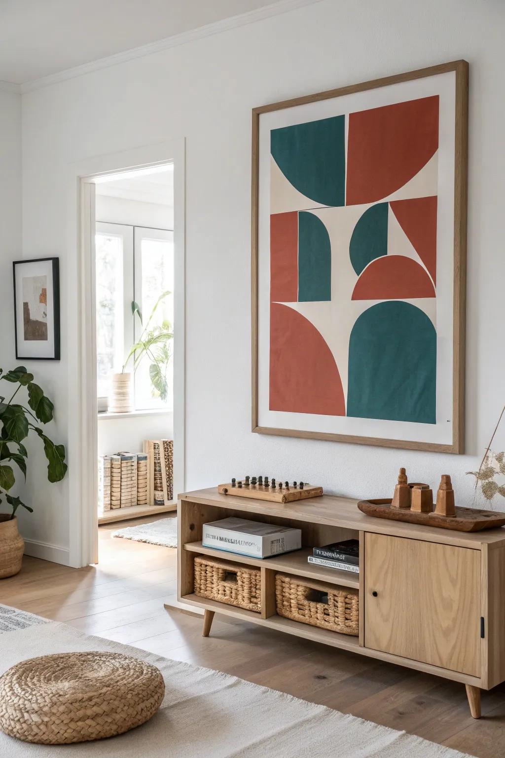 A framed print that swings open—revealing a hidden toy cabinet for tiny pieces and games.