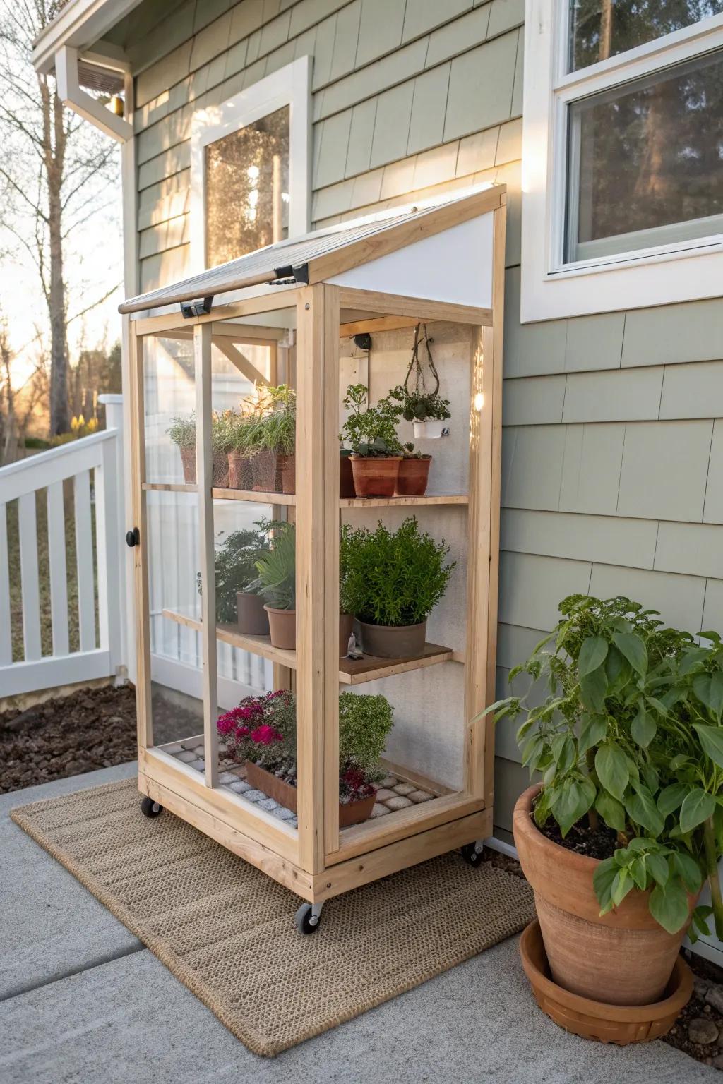 A tiny porch greenhouse nook that feels like a sunroom—bright, cozy, and plant-packed.