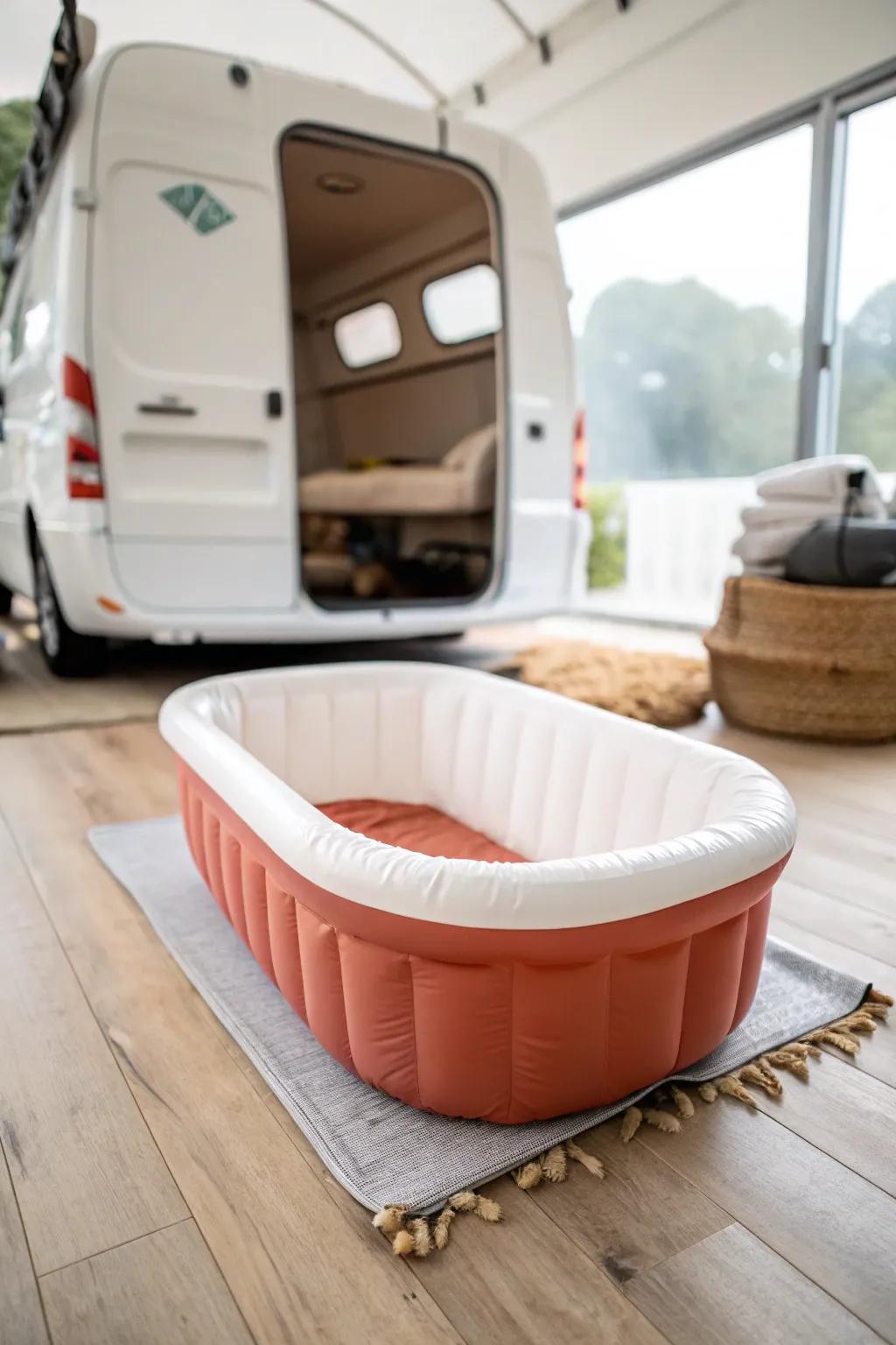 Inflatable baby tub = packable shower pan for van life—neat, contained rinses in tight spaces.