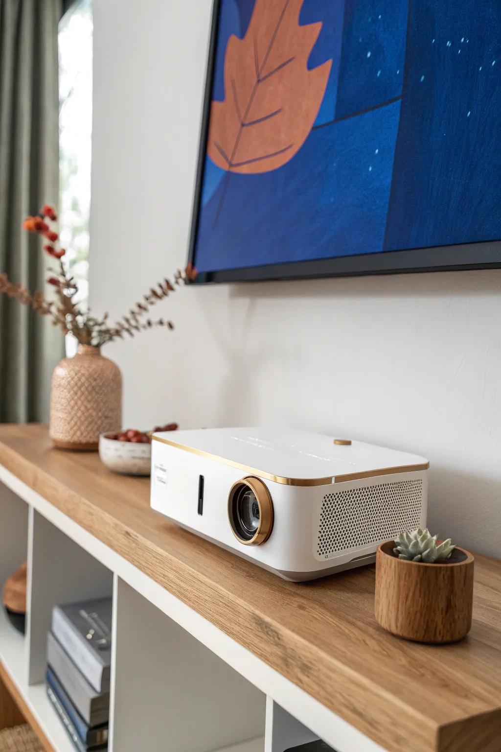 Swap the TV stand for a projector zone—clean walls, bold vibes, and more floor space.