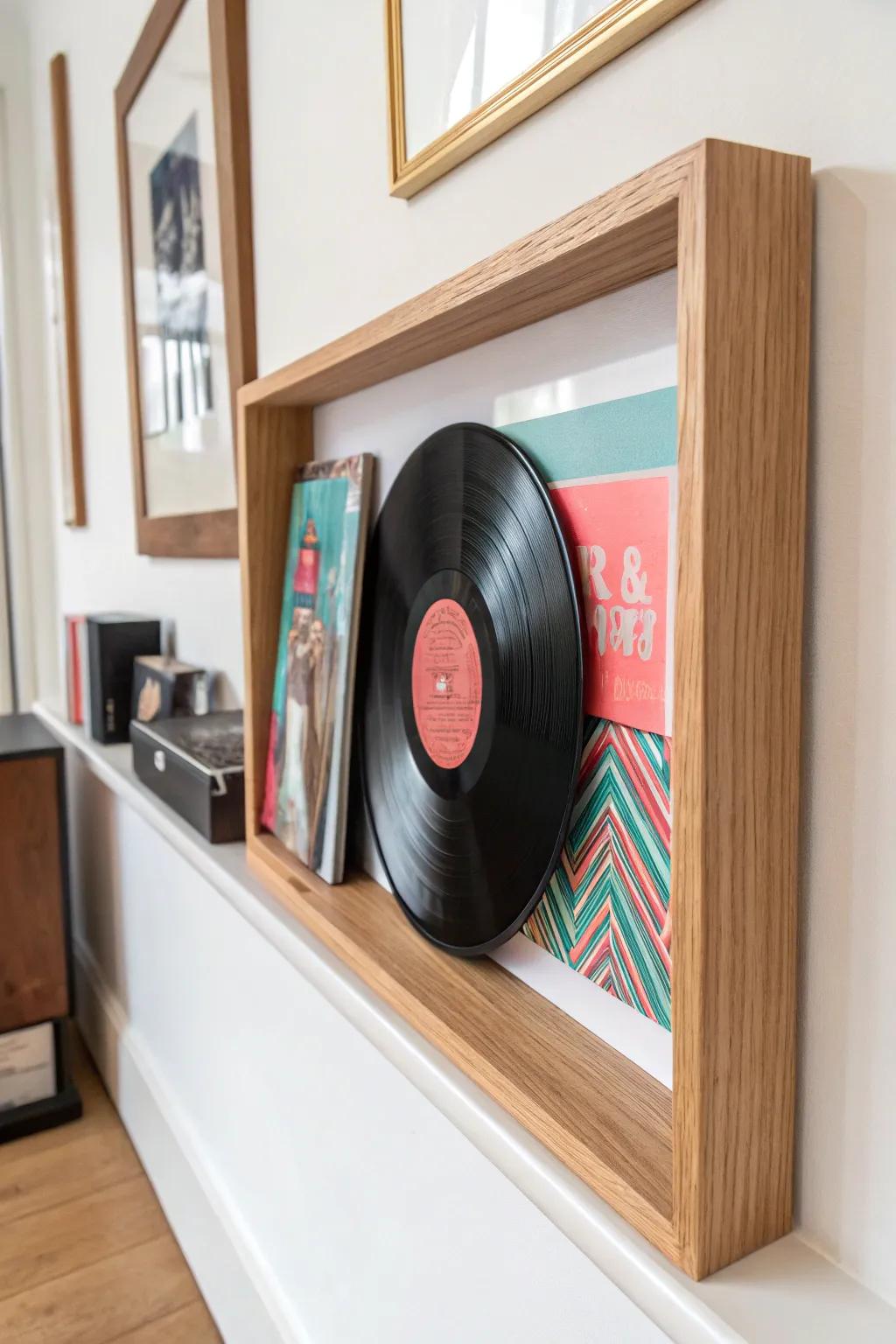 Turn one special record into wall art: a shadowbox display with its album cover.
