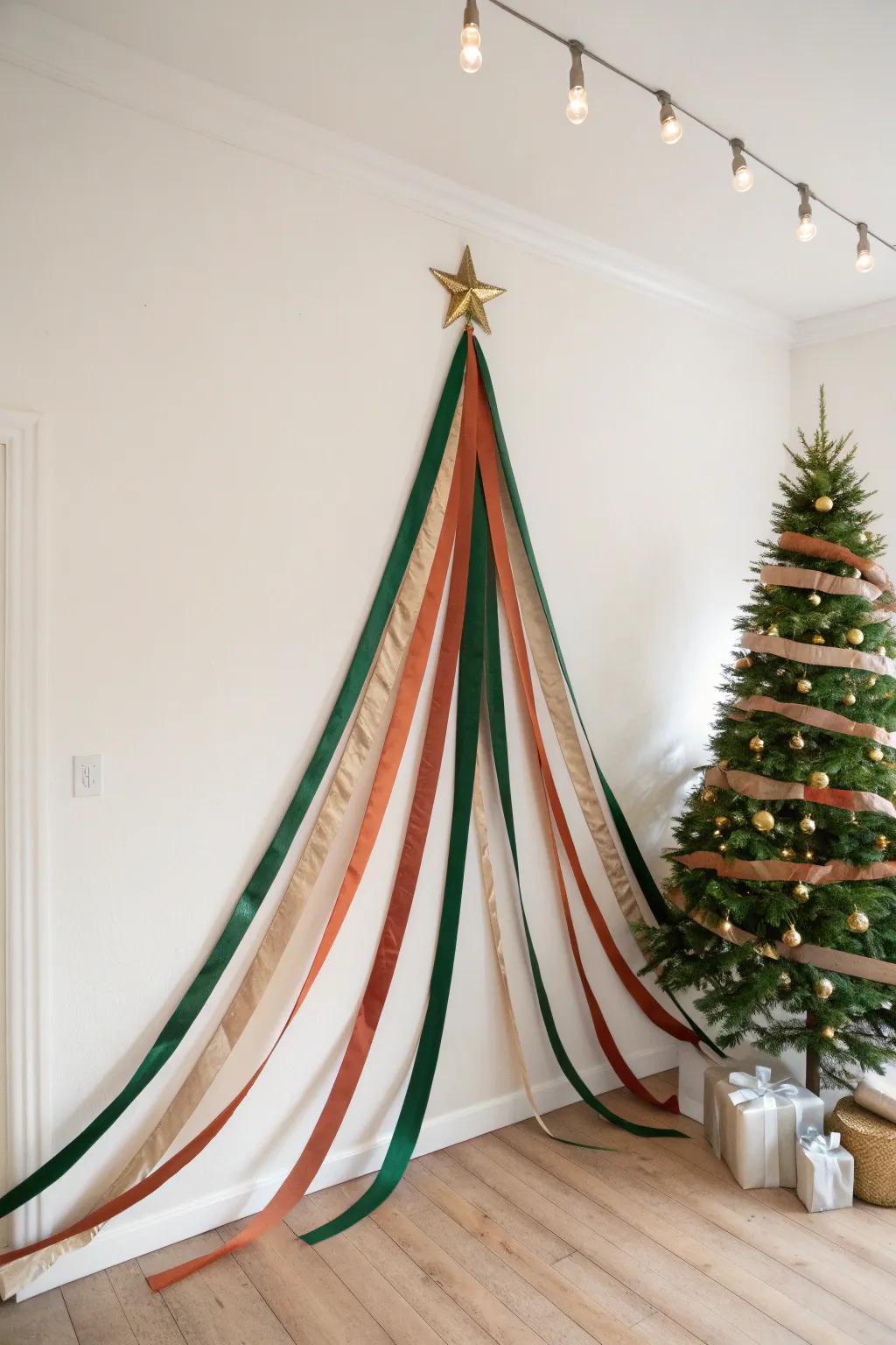 A dramatic ceiling-to-wall ribbon tree—zero floor space, maximum holiday impact.
