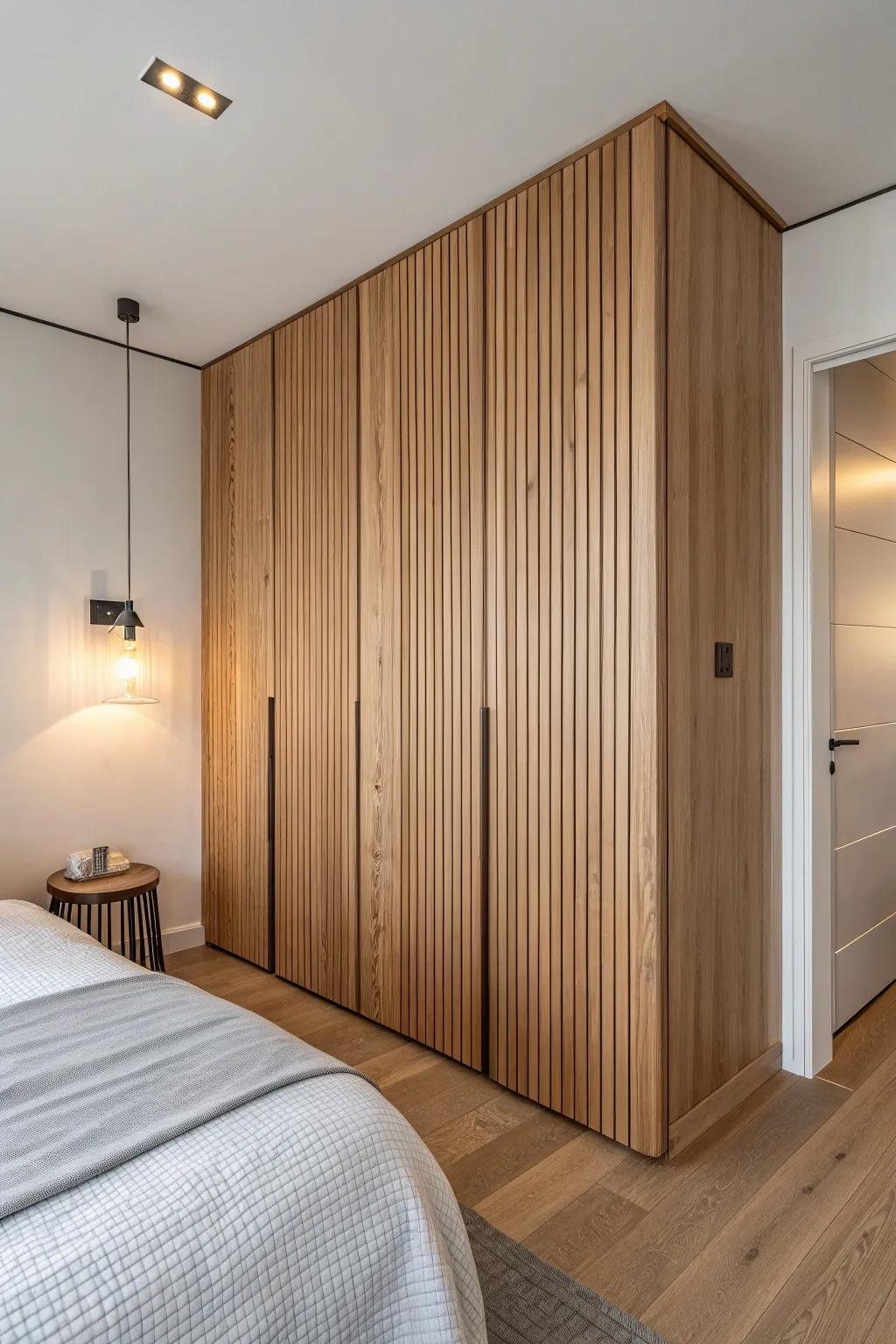 Seamless slat paneling hides the closet door—one bold terracotta sconce steals the spotlight.