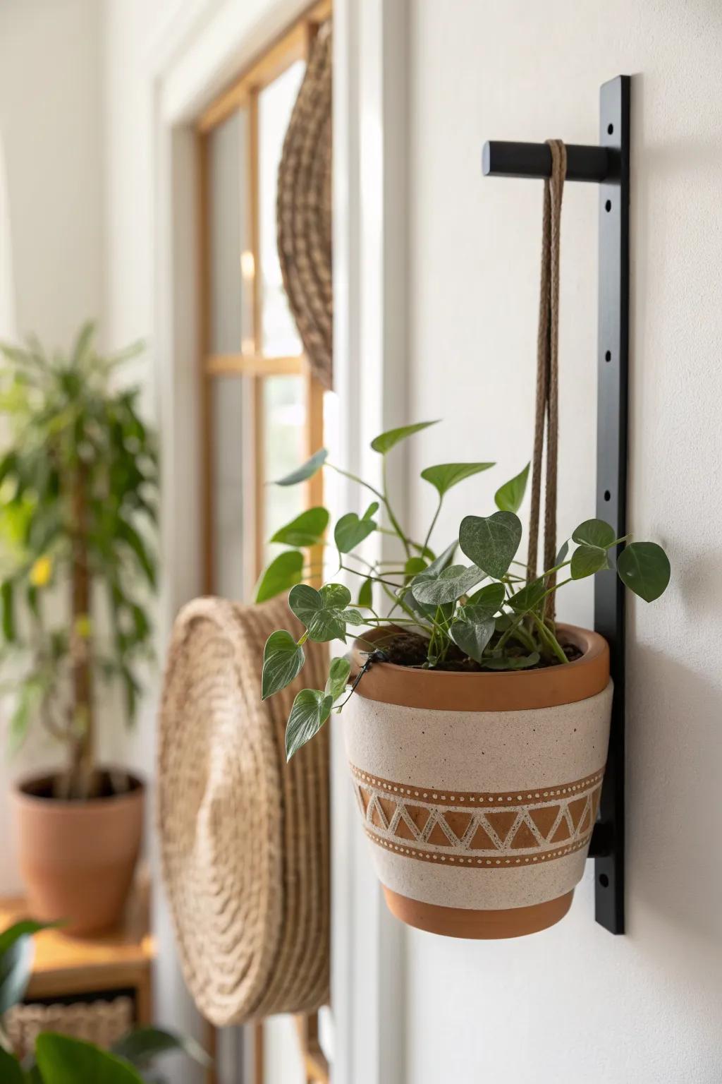 Magnetic planter on a sleek metal strip—an easy, rearrangeable plant wall for small spaces.