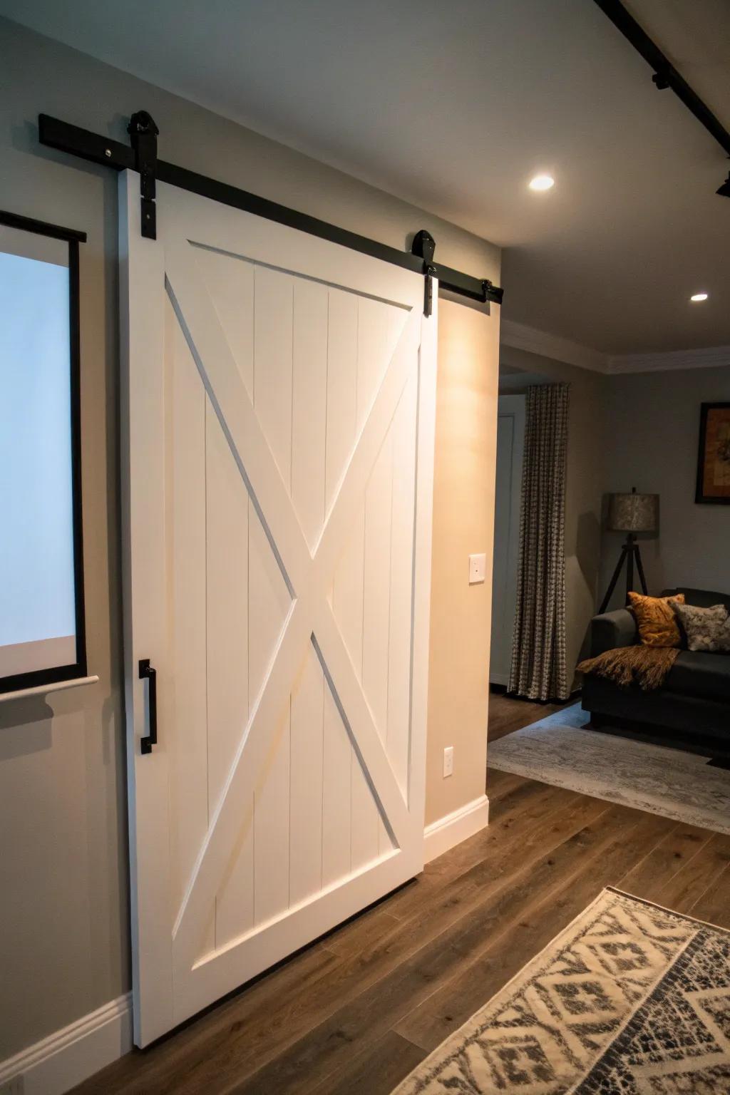 A white barn door doubles as a projector screen—tiny-space movie nights with minimalist style.