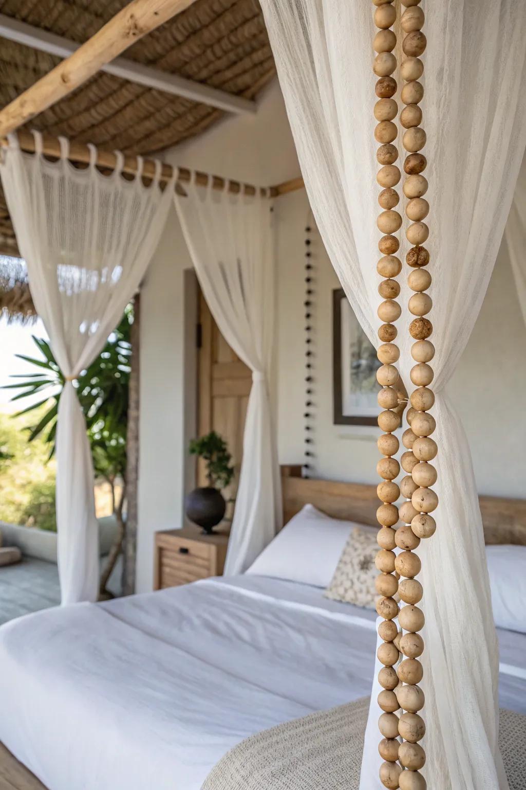 Add a touch of whimsy to your bedroom with a wood bead garland draped over the canopy.