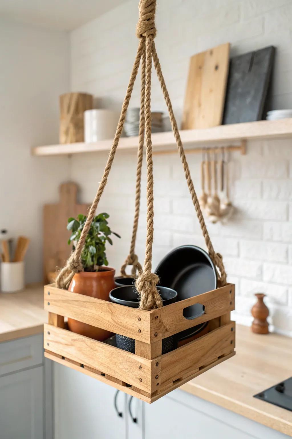 A ceiling-hung wooden crate turns pots and utensils into bold, renter-friendly decor.