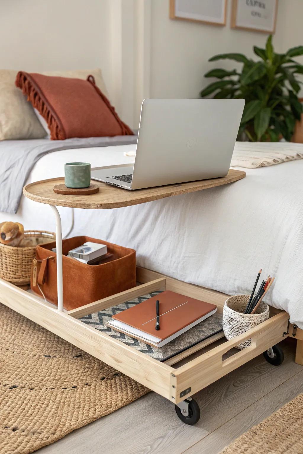 A rolling under-bed desk kit that disappears at day’s end—tiny bedroom WFH solved.
